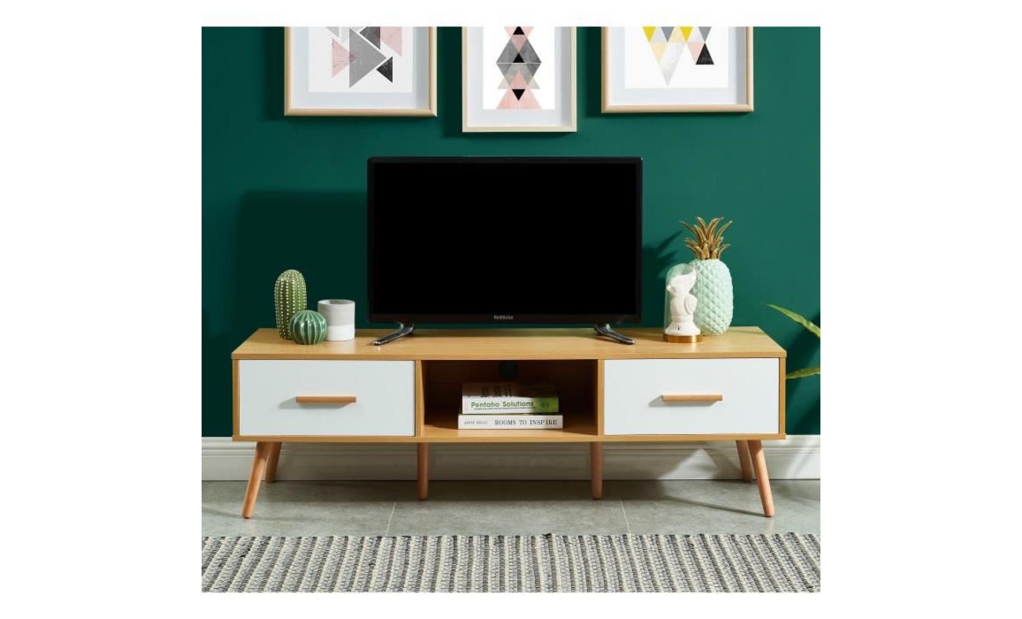 jesta meuble tv décor chêne et blanc + pieds en bois hêtre massif scandinave   l 140 cm