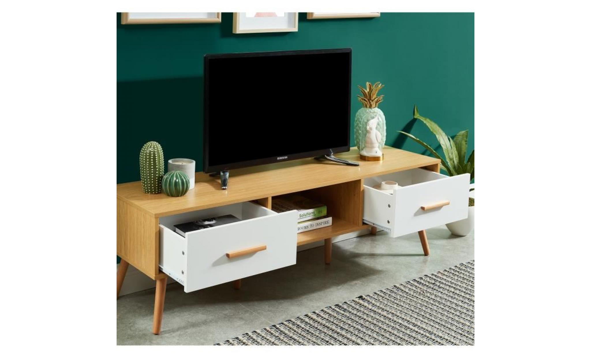 jesta meuble tv décor chêne et blanc + pieds en bois hêtre massif scandinave   l 140 cm pas cher