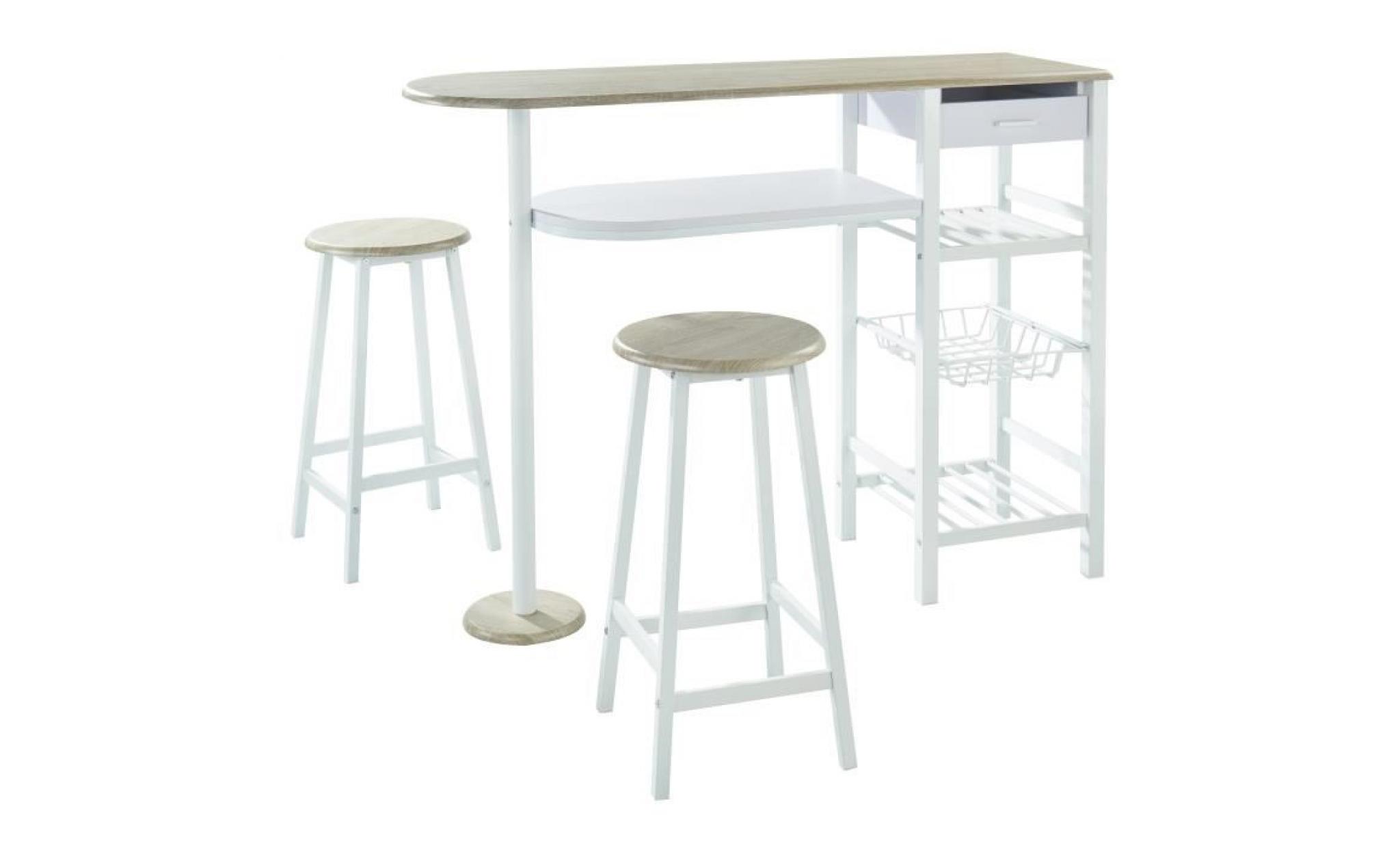 julia ensemble table bar 2 personnes style contemporain en métal laqué blanc et mdf décor chêne + 2 tabourets   l 119 x l 37 cm