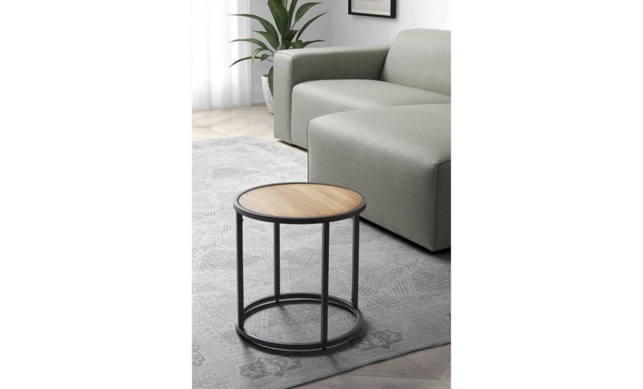 karo bout de canapé/table d'appoint ronde style industriel en métal noir et plateau bois pin naturel   l 40 x l 40 cm pas cher