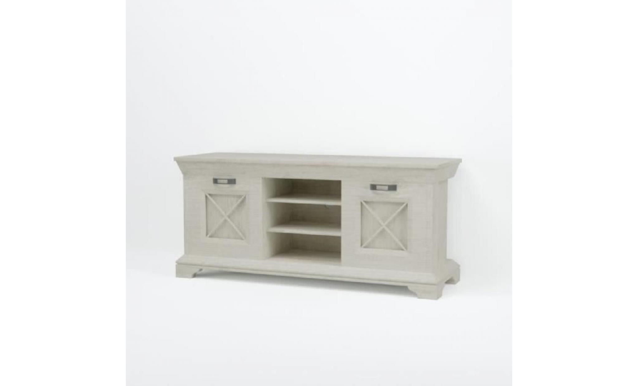 kashmir meuble tv classique décor pin blanc mat + poignée en métal effet argent vieilli   l 147 cm pas cher