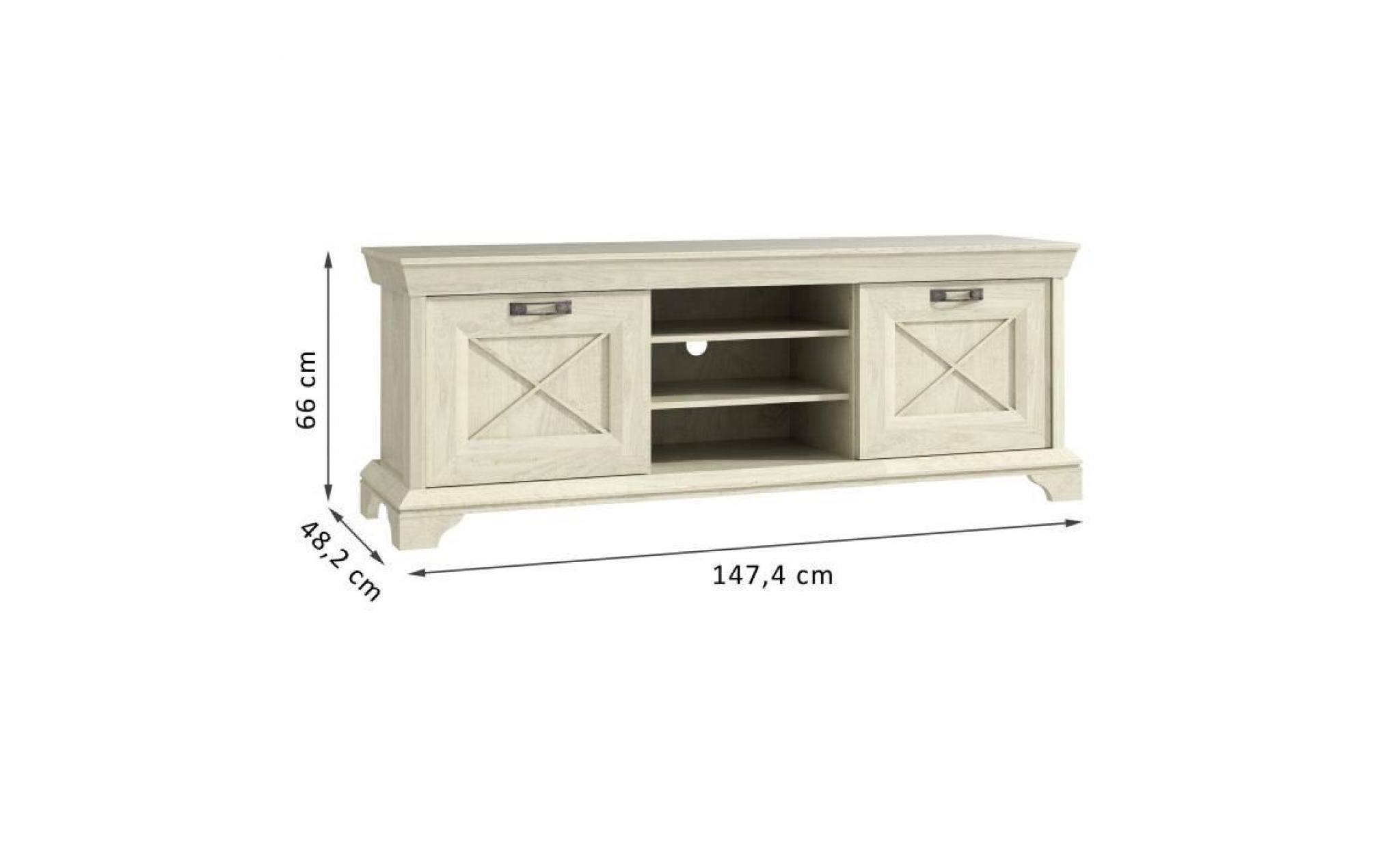 kashmir meuble tv classique décor pin blanc mat + poignée en métal effet argent vieilli   l 147 cm pas cher