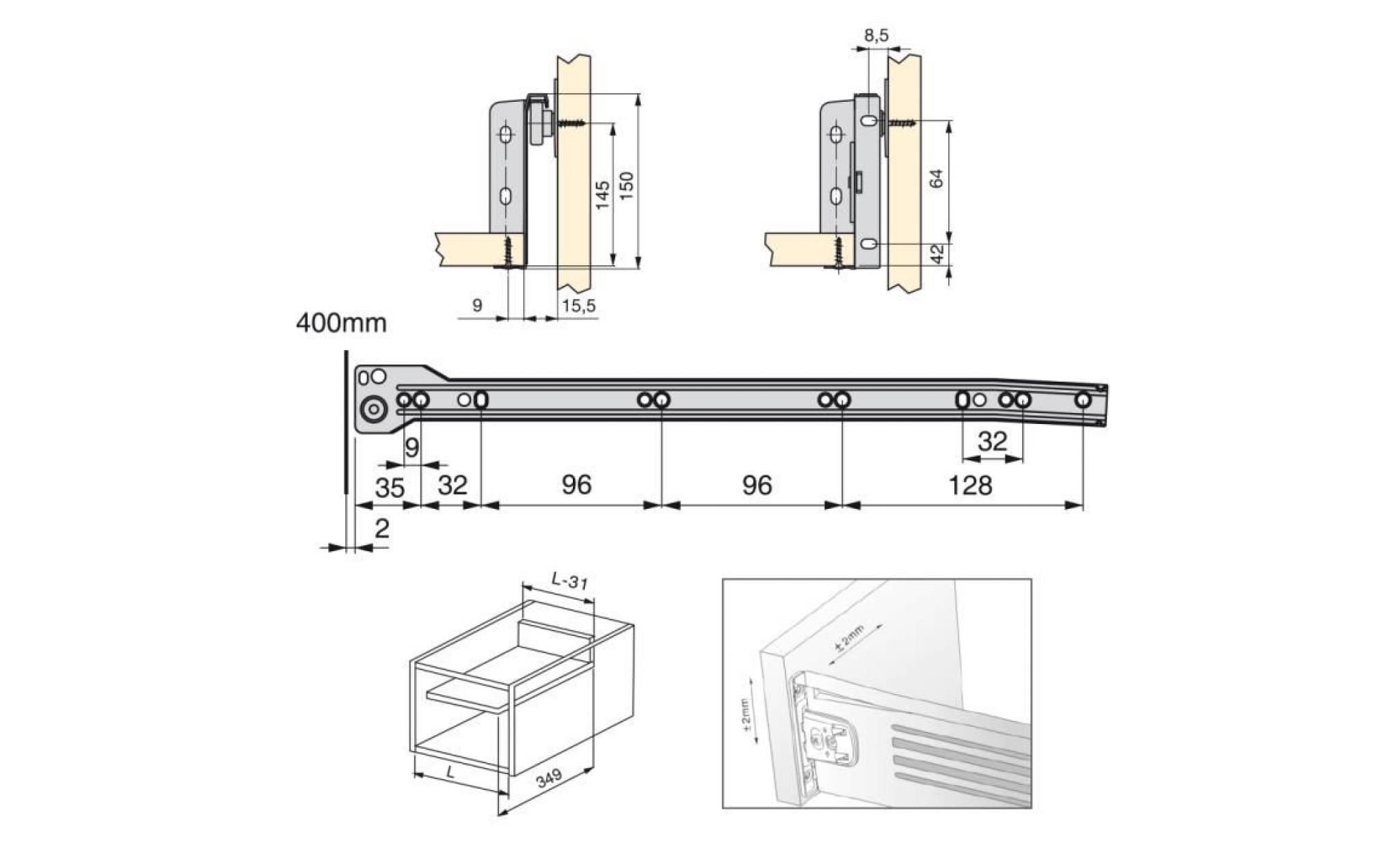kit de tiroir ultrabox emuca hauteur 150 mm et profondeur 500 mm finition gris métallisé pas cher