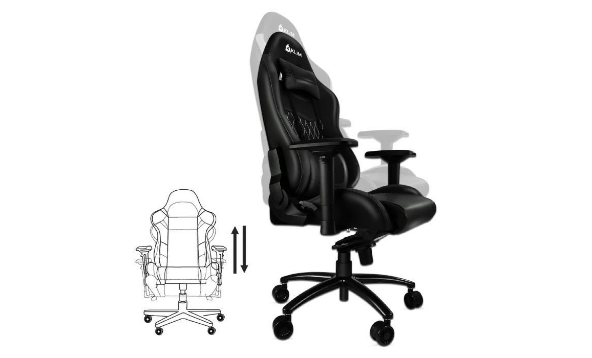 klim esports   chaise gamer très haute qualité   finitions soignées   ajustable   ergonomique   inclinable   siege bureau   noir pas cher