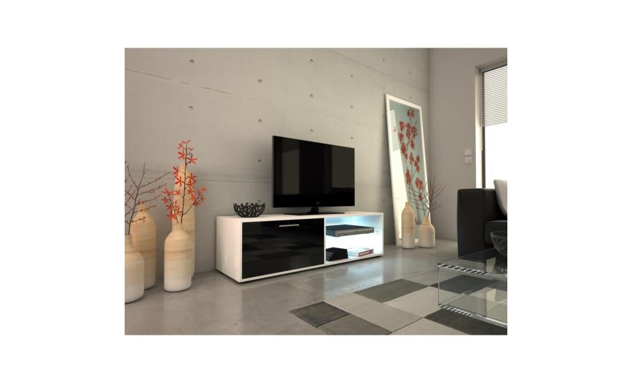 kora meuble tv led contemporain blanc et noir brillant   l 118 cm pas cher