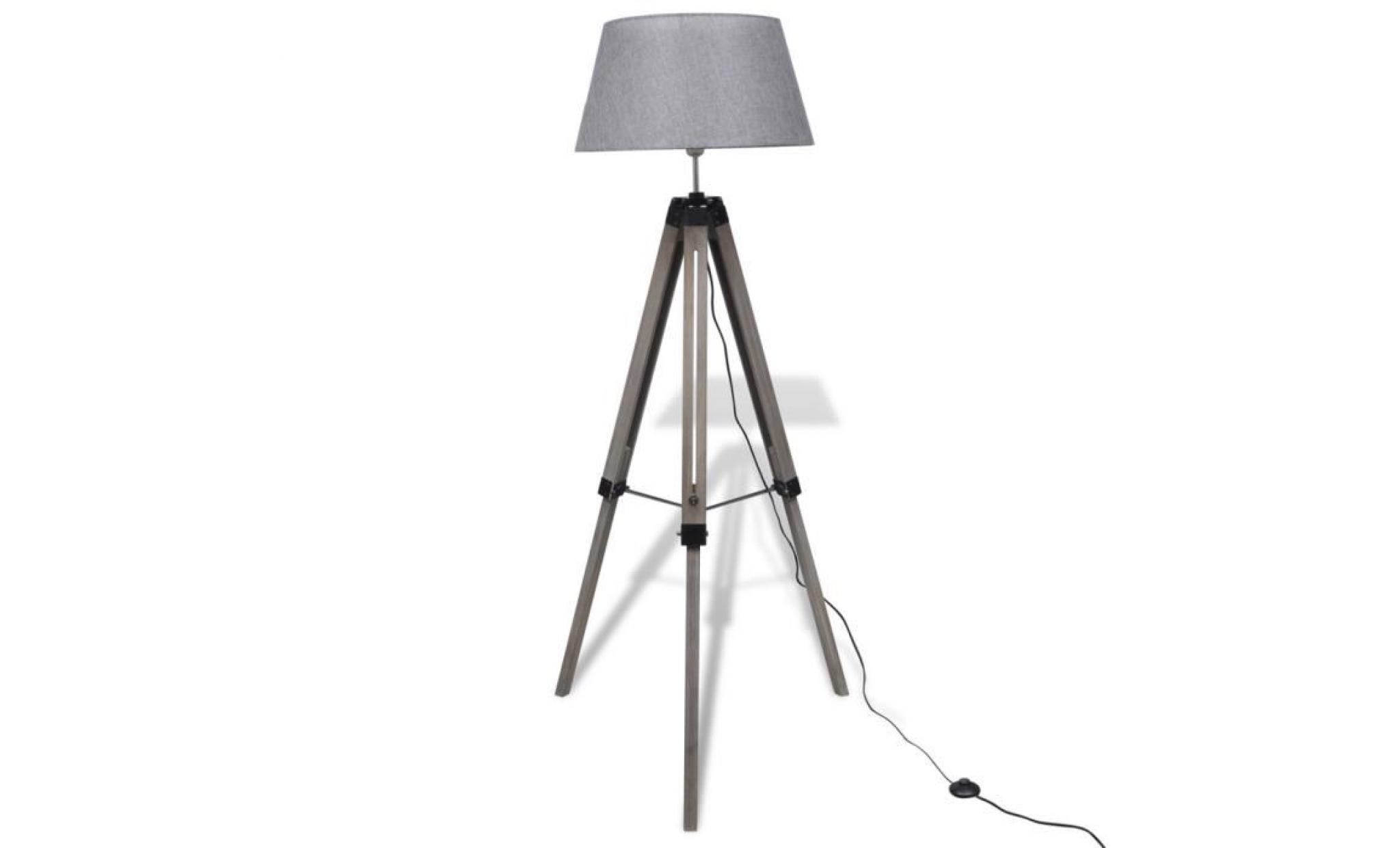 lampadaire à trépied en bois réglable avec abat jour en tissu gris design industriel moderne pas cher