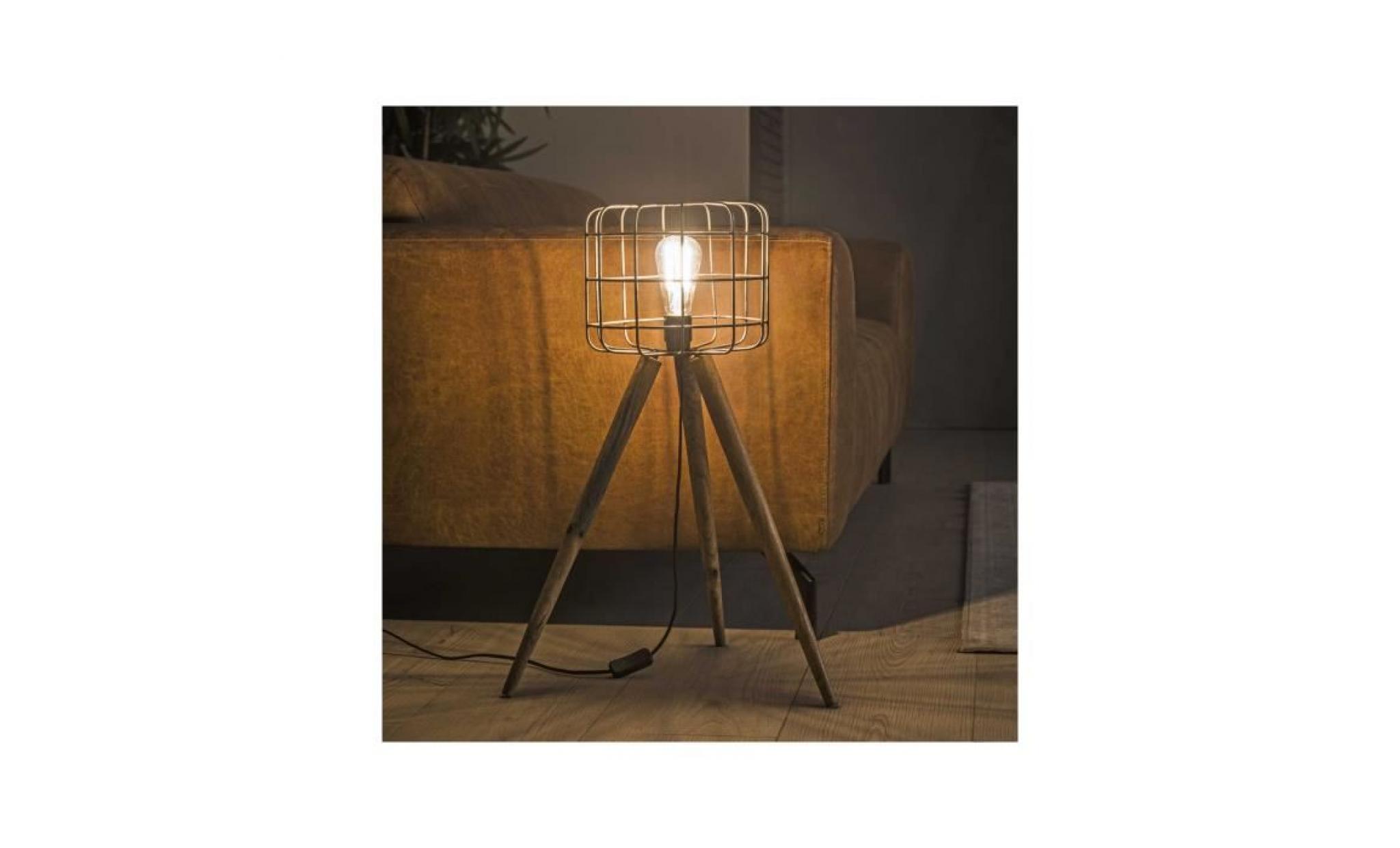 lampadaire design scandinave panier en acier et trépied  en bois massif  finition argent vintage l. 44 x p. 44 x h. 68 cm pas cher