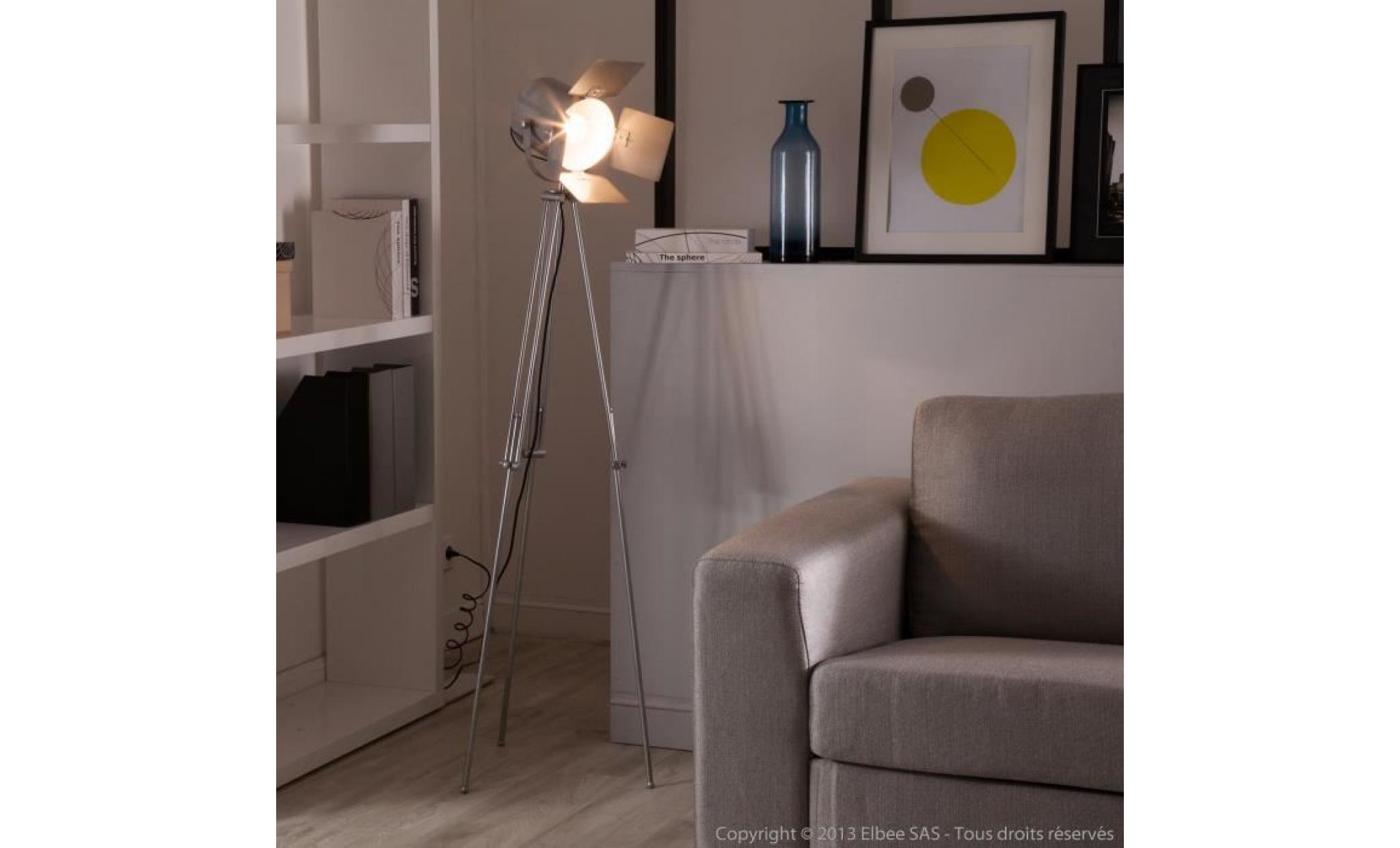 Lampadaire en acier forme projecteur hauteur 155 cm ajustable Abbas-Blanc