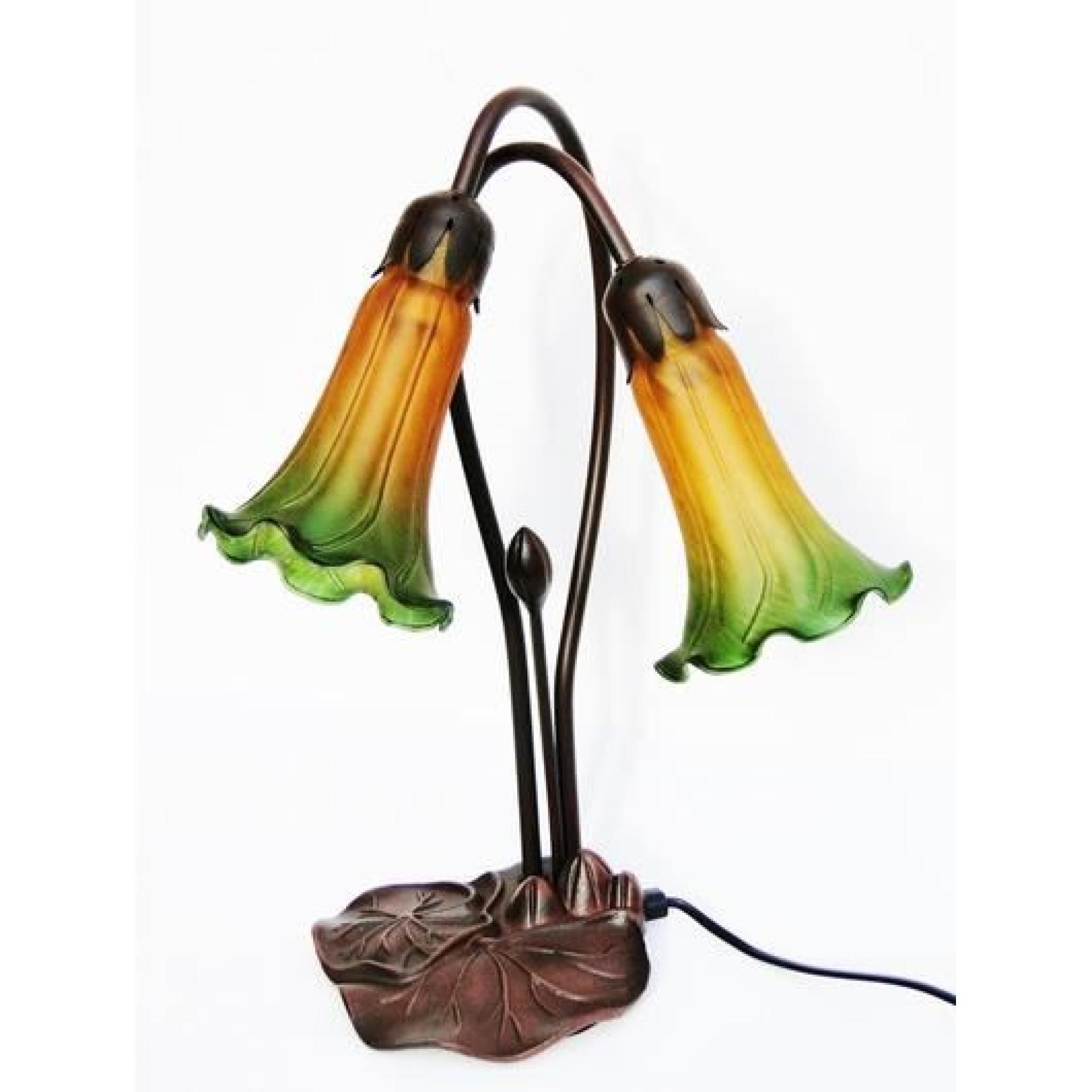 Lampe 2 tulipes style Tiffany en verre couleur verte et jaune pied métal feuillage