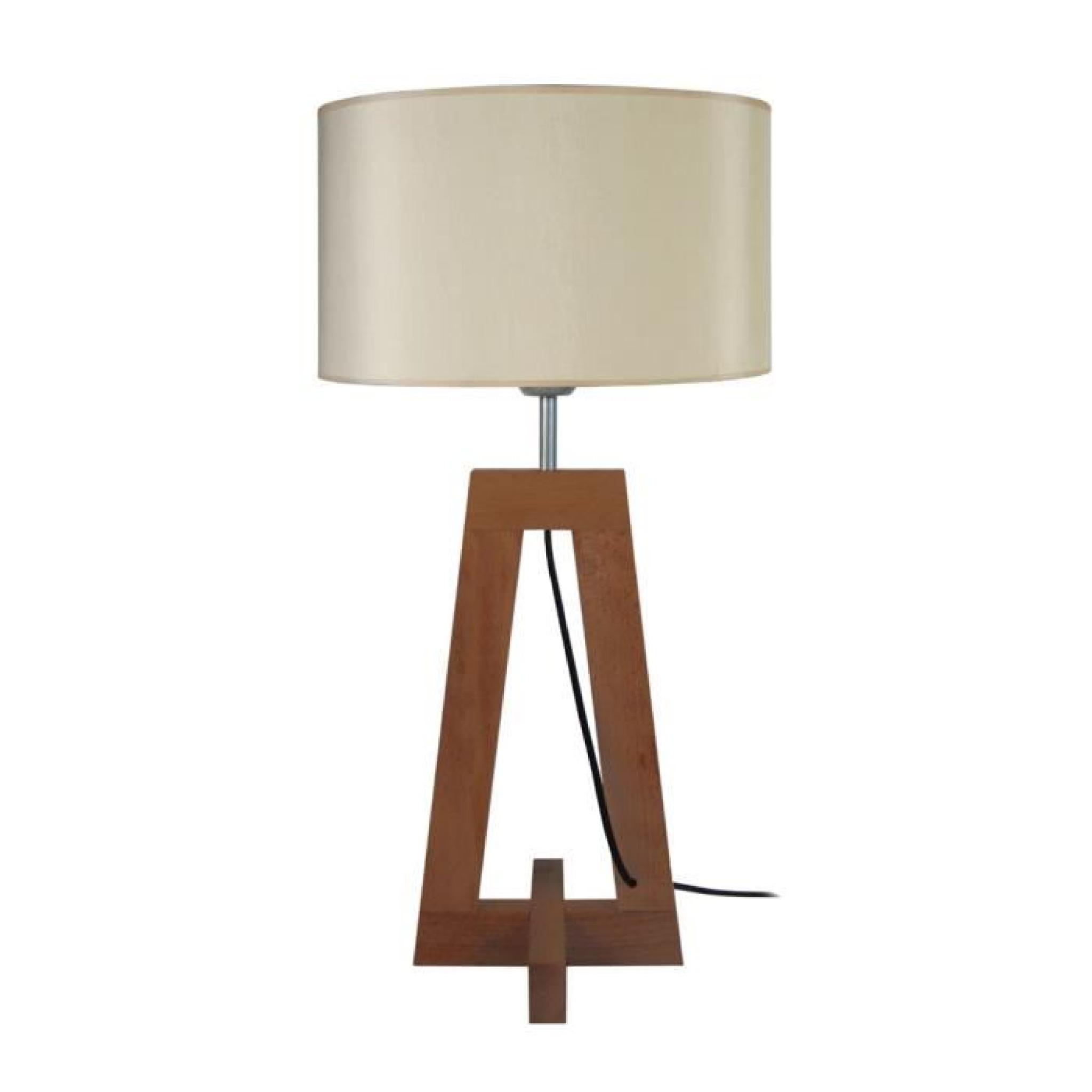 Lampe à poser pied en bois avec abat jour cylindre en coton hauteur 56cm Vili-Beige