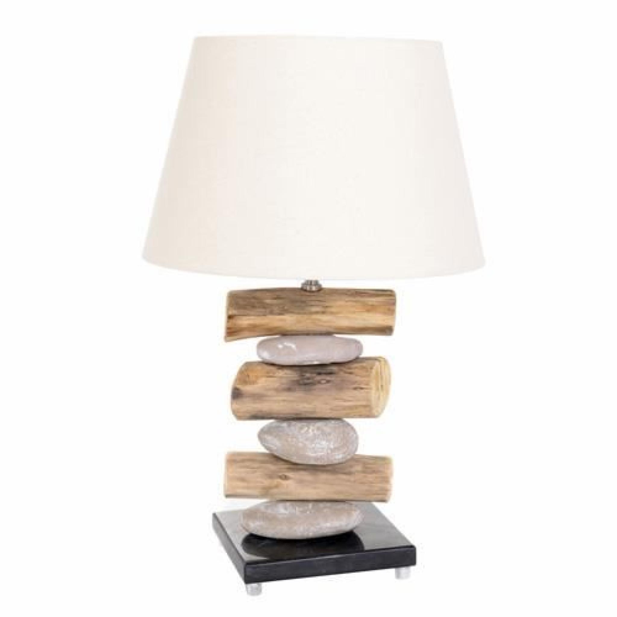 Lampe Bois et pierres et ampoule - H. 63 cm - Gris