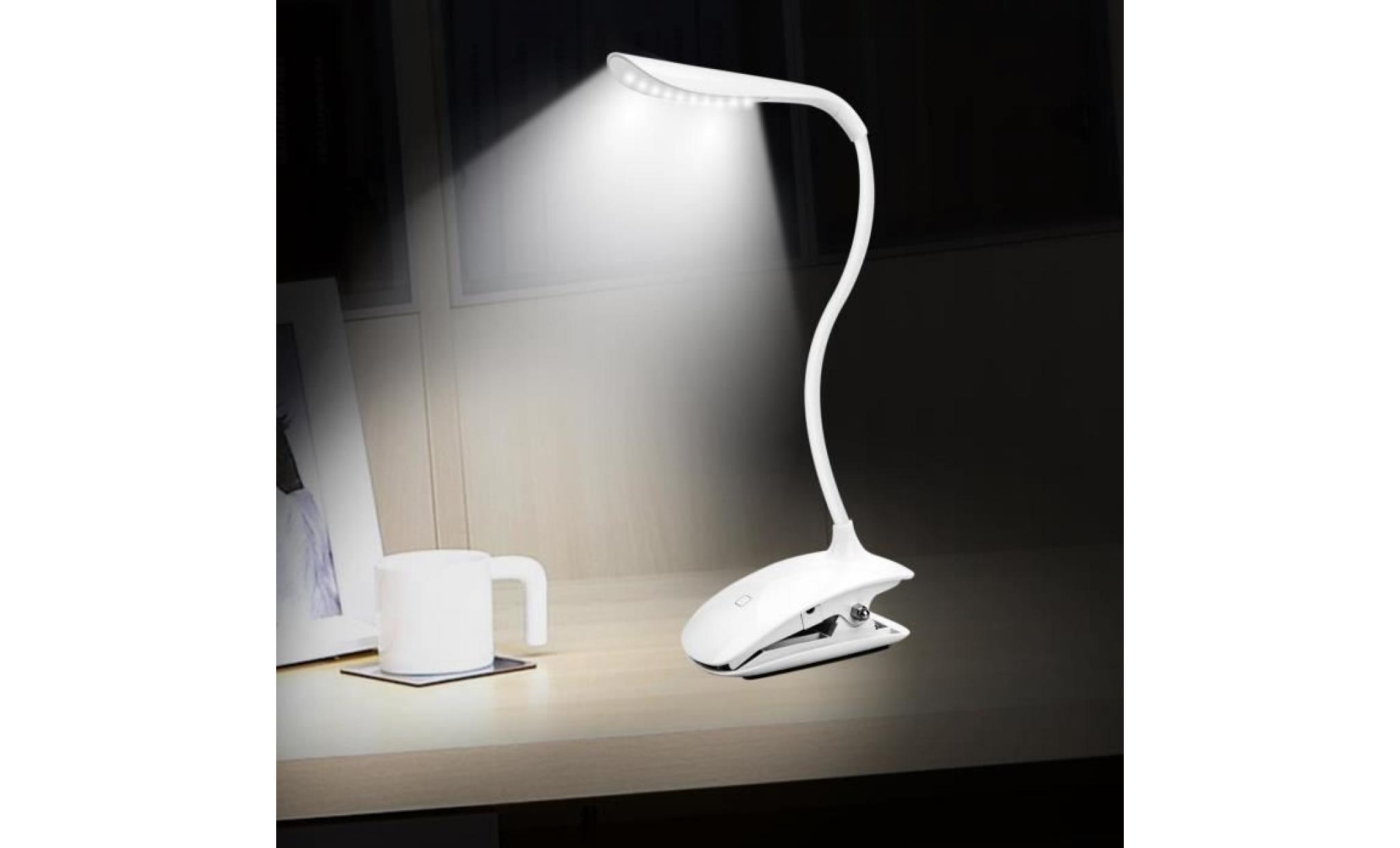 lampe de bureau led rechargeable à pince blanc, veilleuse led lumière tactile, 3 niveaux de luminosité au choix, protection des yeux