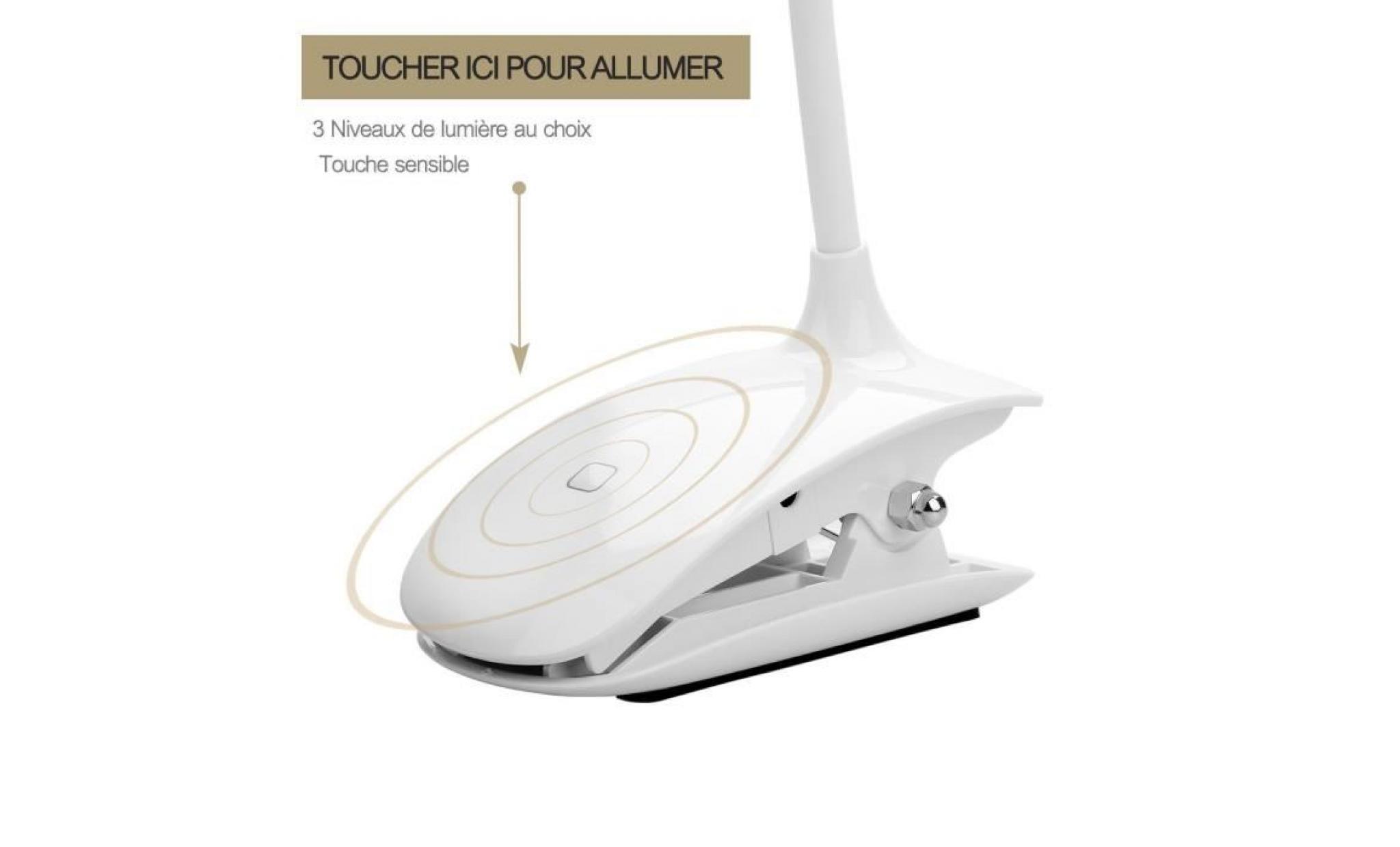 lampe de bureau led rechargeable à pince blanc, veilleuse led lumière tactile, 3 niveaux de luminosité au choix, protection des yeux pas cher