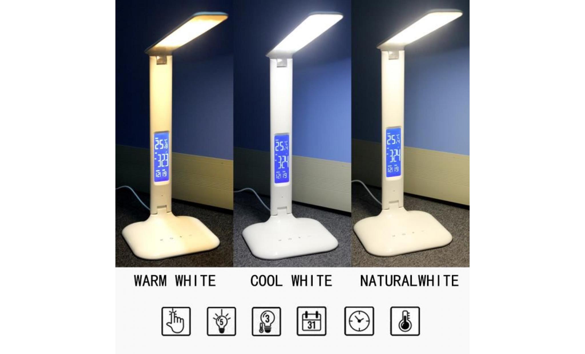 lampe de bureau led tactile avec affichage heure réveil calendrier température usb lampe à poser chevet couleur luminosité réglable pas cher