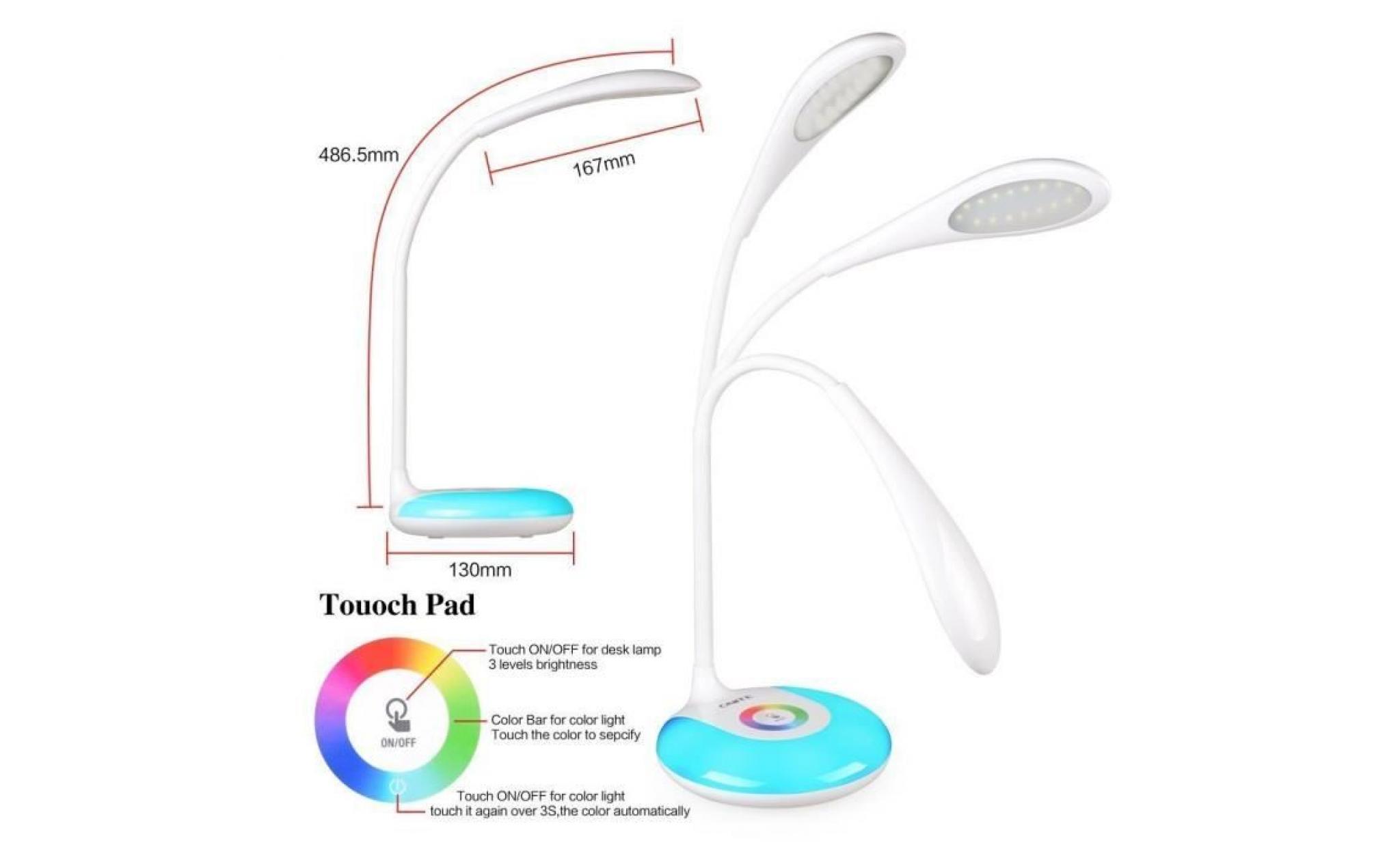 lampe de bureau tactile blanc led dimmable coloré veilleuse 3 niveaux luminosité  rechargeable 360 ° réglable protection des yeux. pas cher