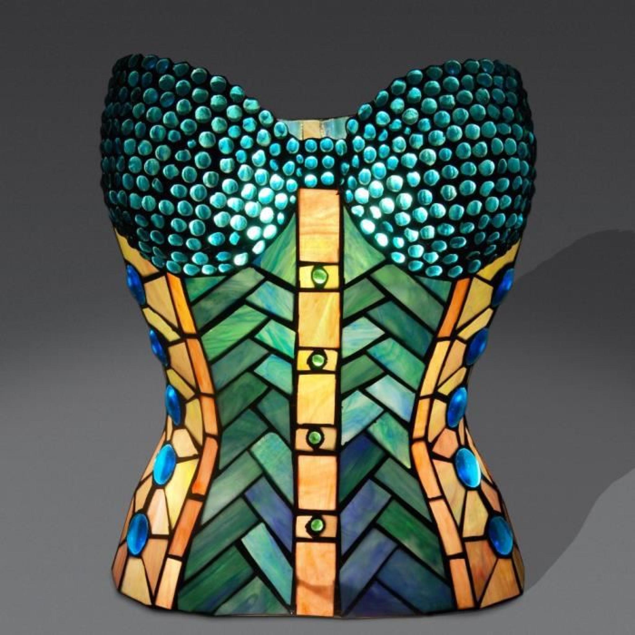 Lampe de table corset style Tiffany avec base de métallique bronzé pas cher
