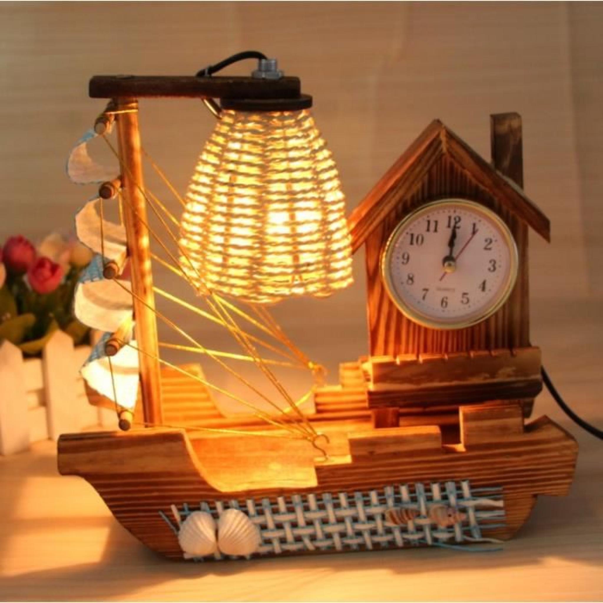 Lampe de table en forme de voilier avec horloge,Veilleuse de paille rétro