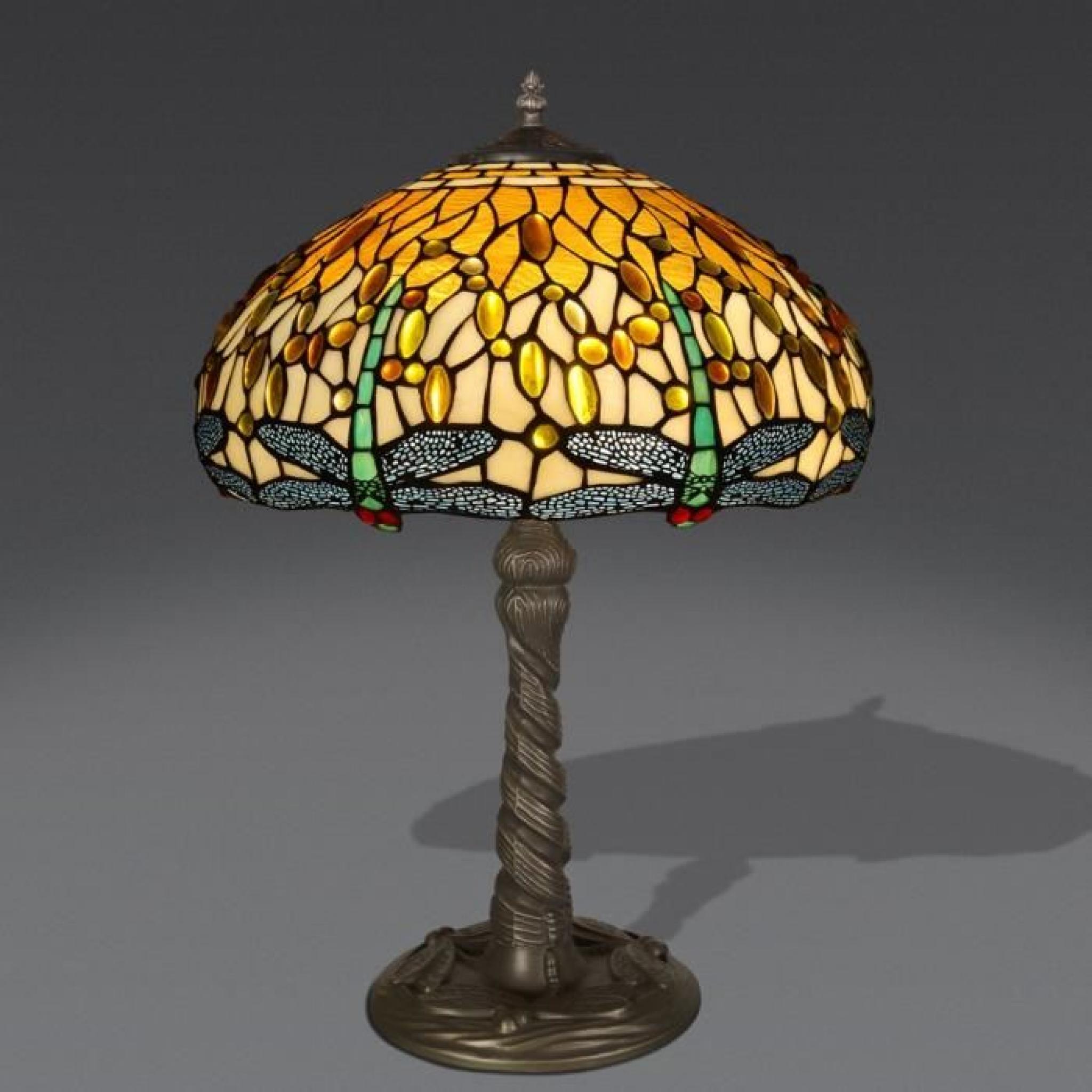 Lampe de table libellule style Tiffany avec base de métallique bronzé