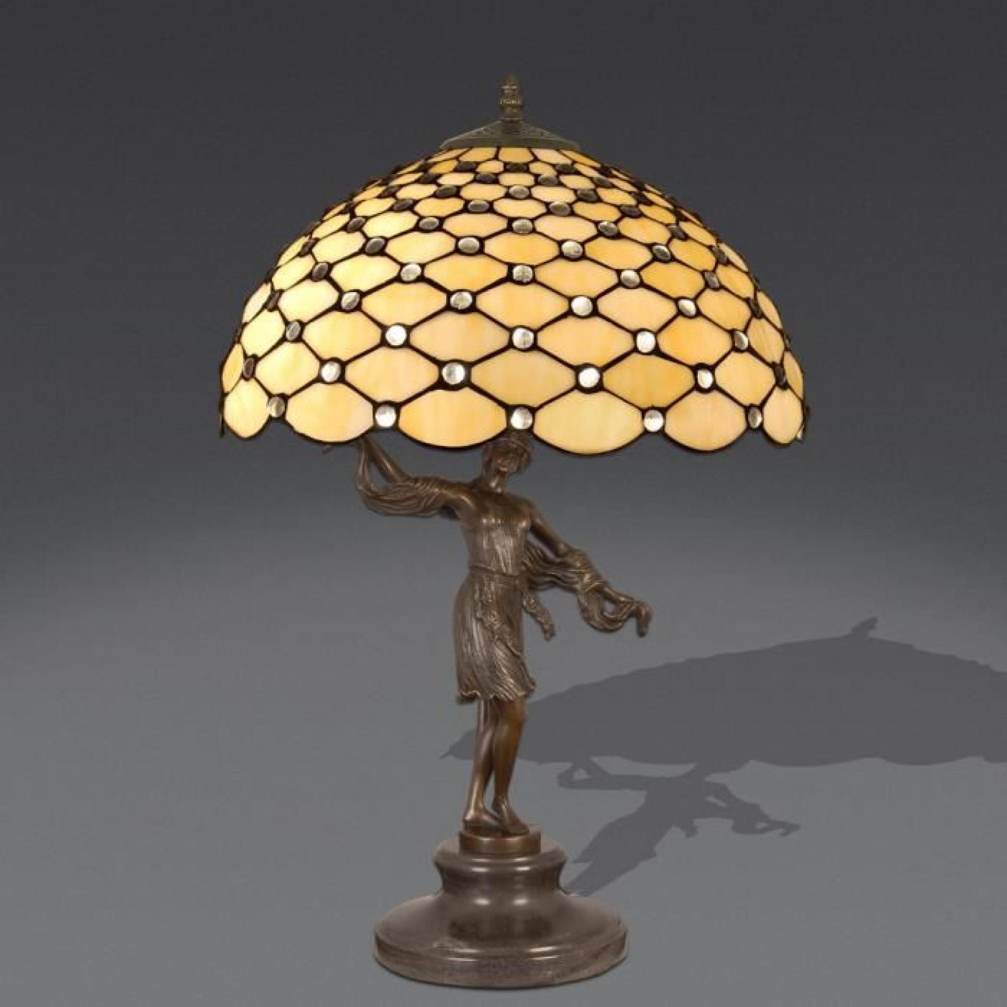 Lampe de table sculpture avec pierres style Tiffany avec base de métallique bronzé
