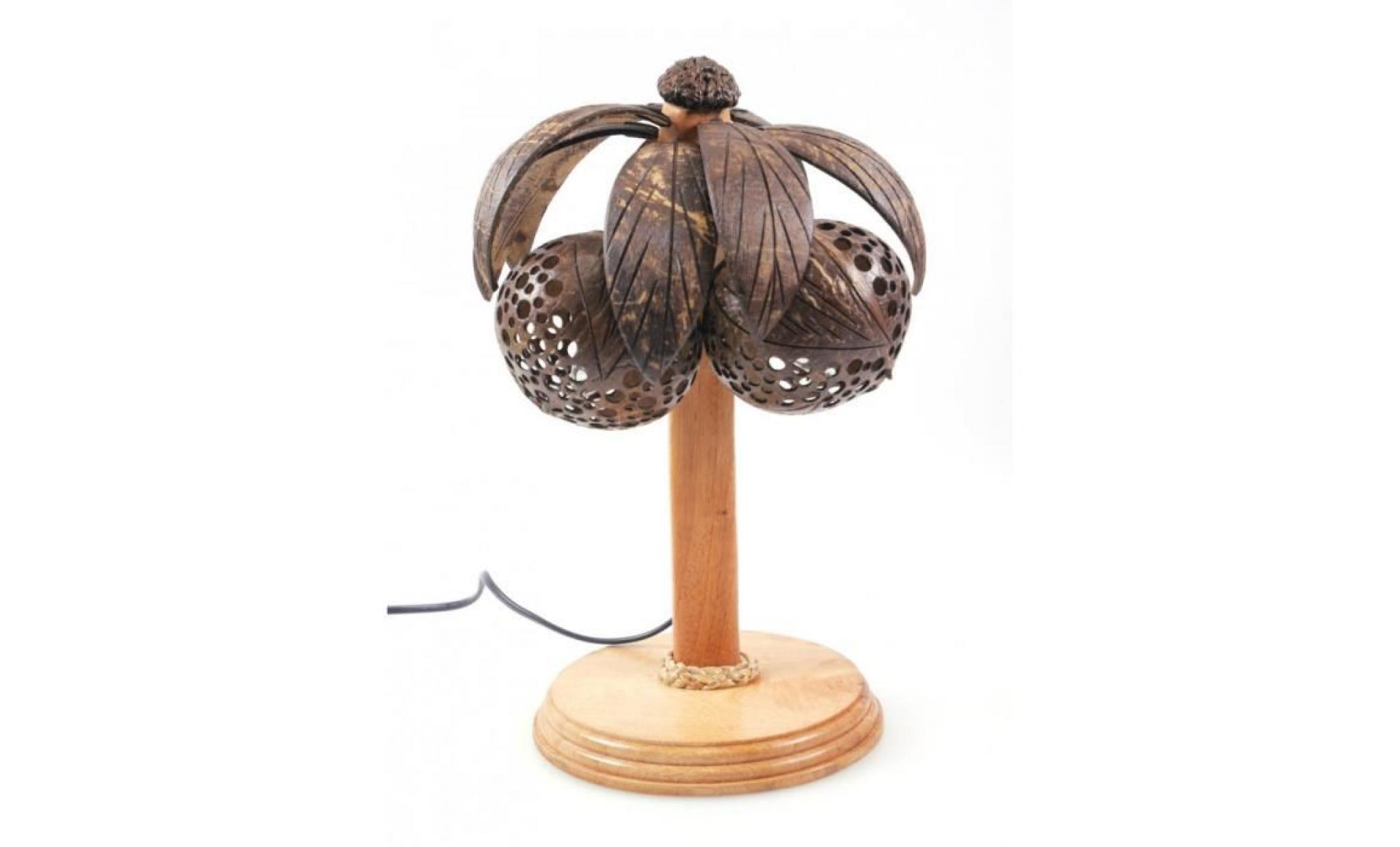 lampe palmier cocotier en bois et noix de coco sculptée   fabrication artisanale   thaïlande marron