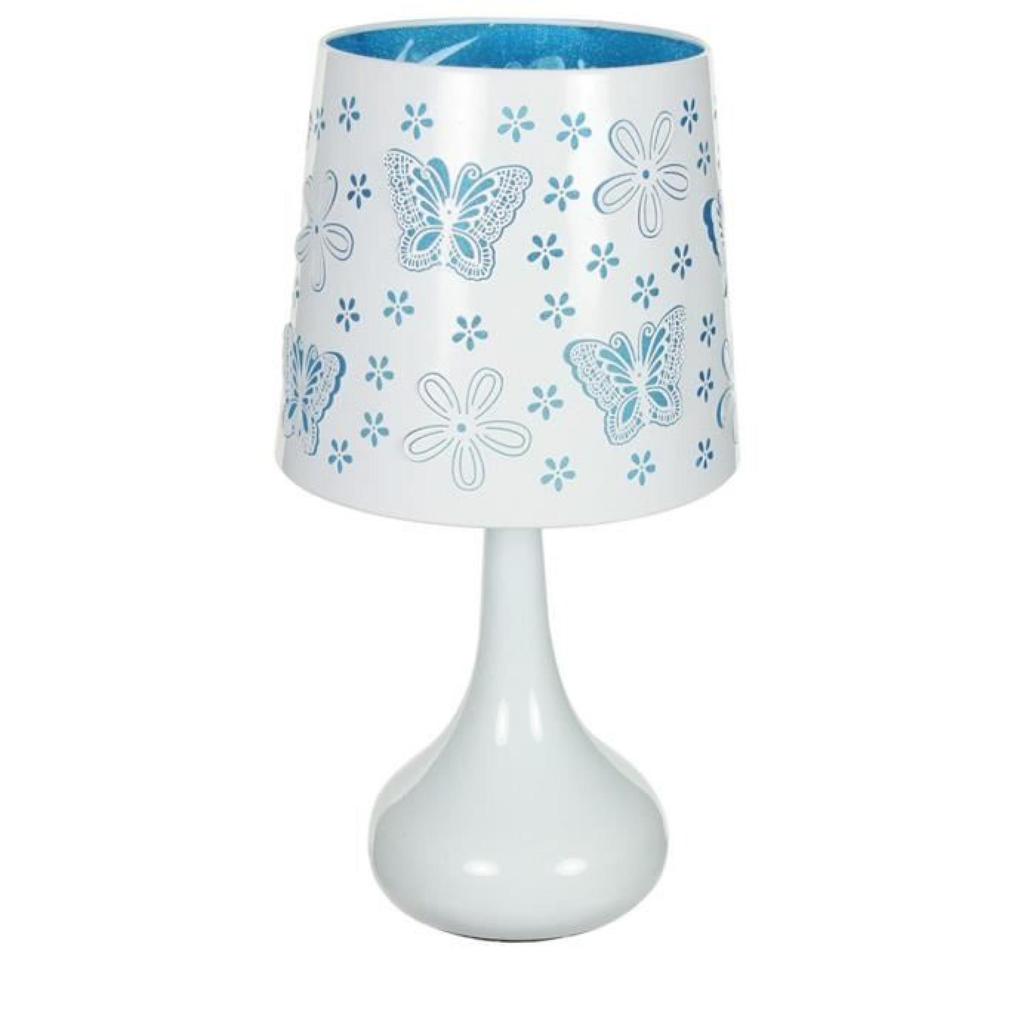 Lampe touch métal blanc motif papillon bleu- 11615