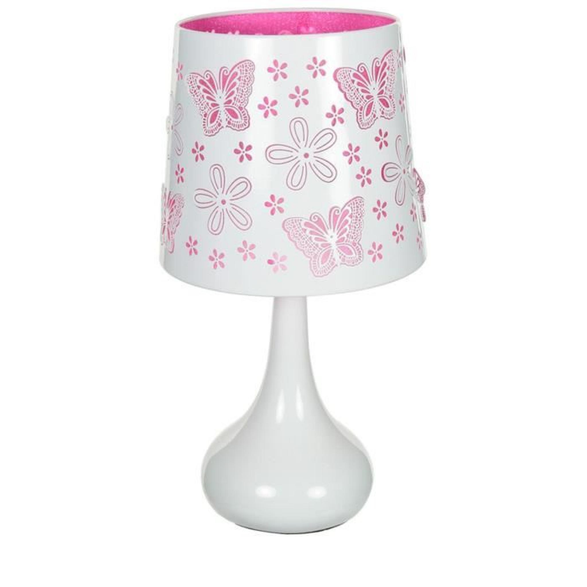 Lampe touch métal blanc motif papillon rose- 11615