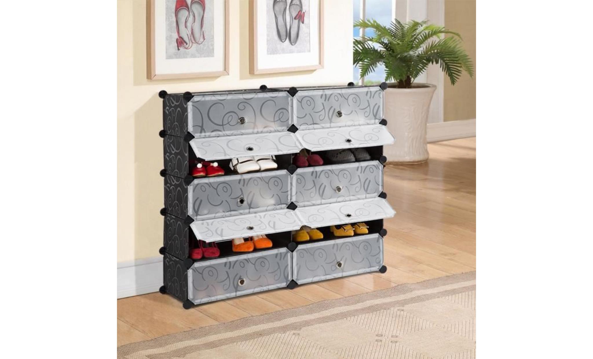 langria 10 cube diy shoe rack multi usage organisateur modulaire rangement en plastique armoire avec portes noir et blanc bouclé