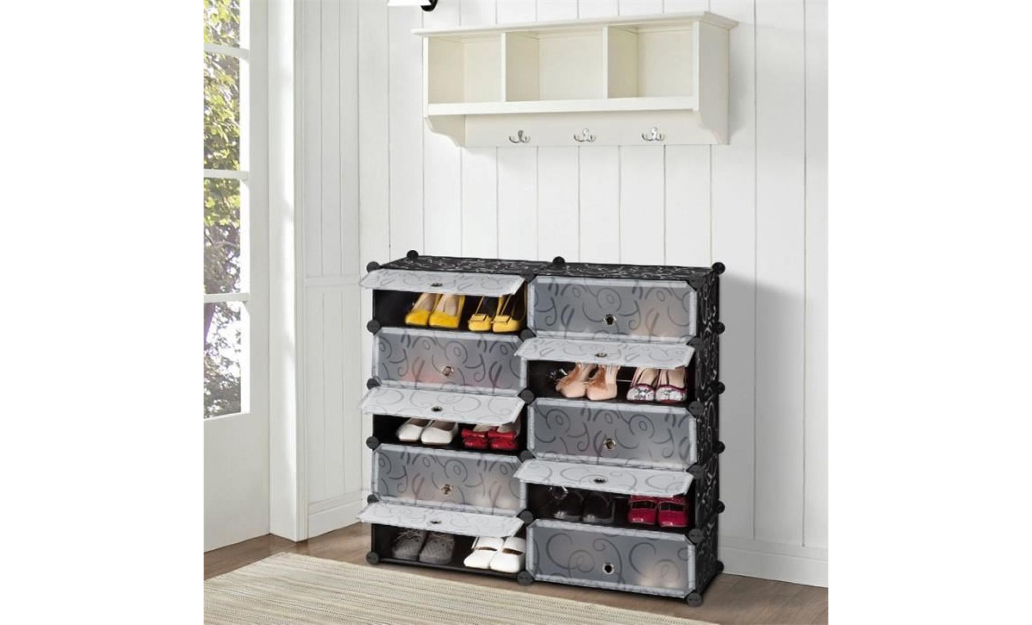 langria 10 cubes meuble armoire à chaussures diy etagères modulable de rangement avec portes plastique blanc pas cher