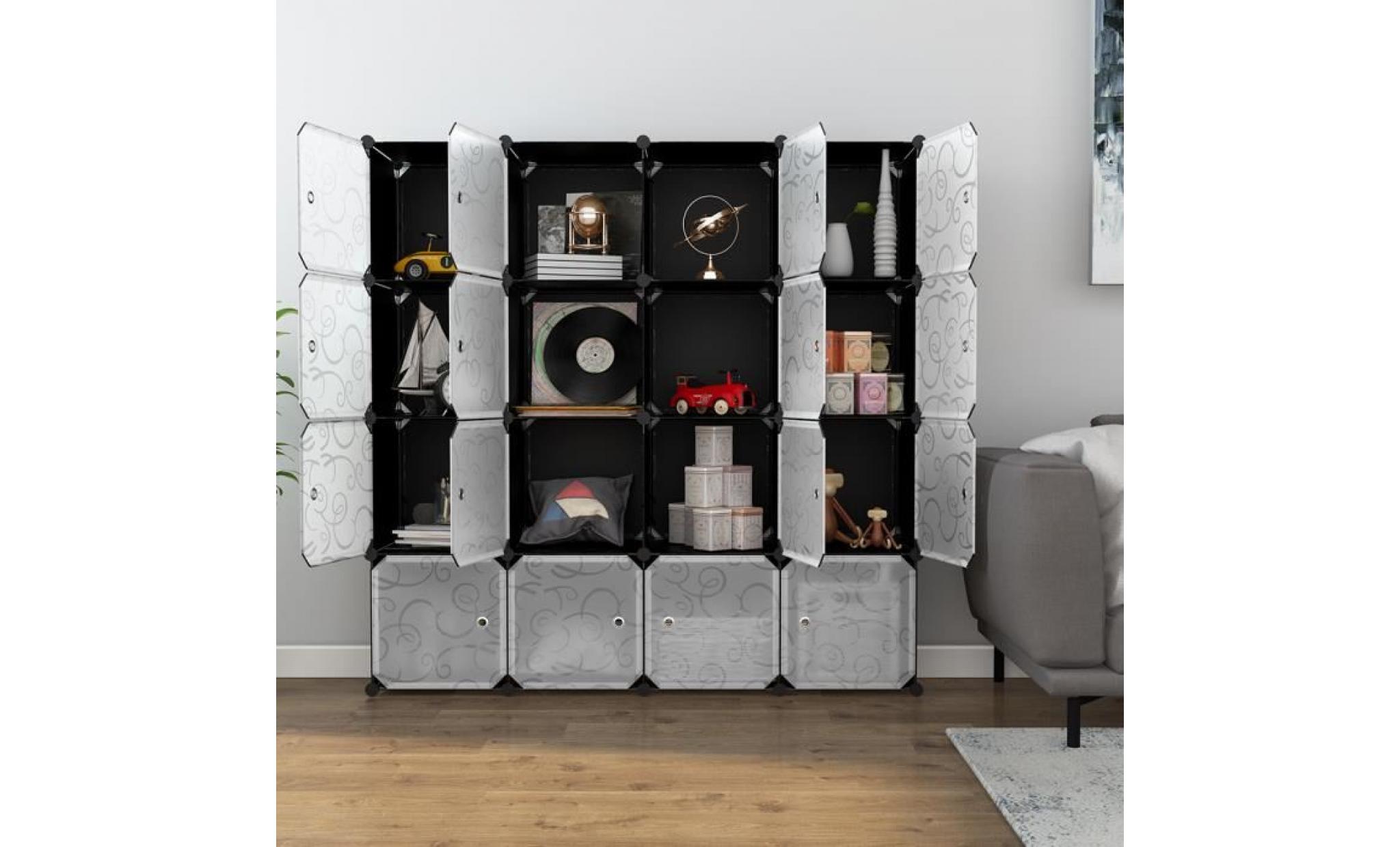 langria 12 cubes armoire placard avec portes et tige suspendue organisateur de rangement pour vêtements&chaussures noir&blanc