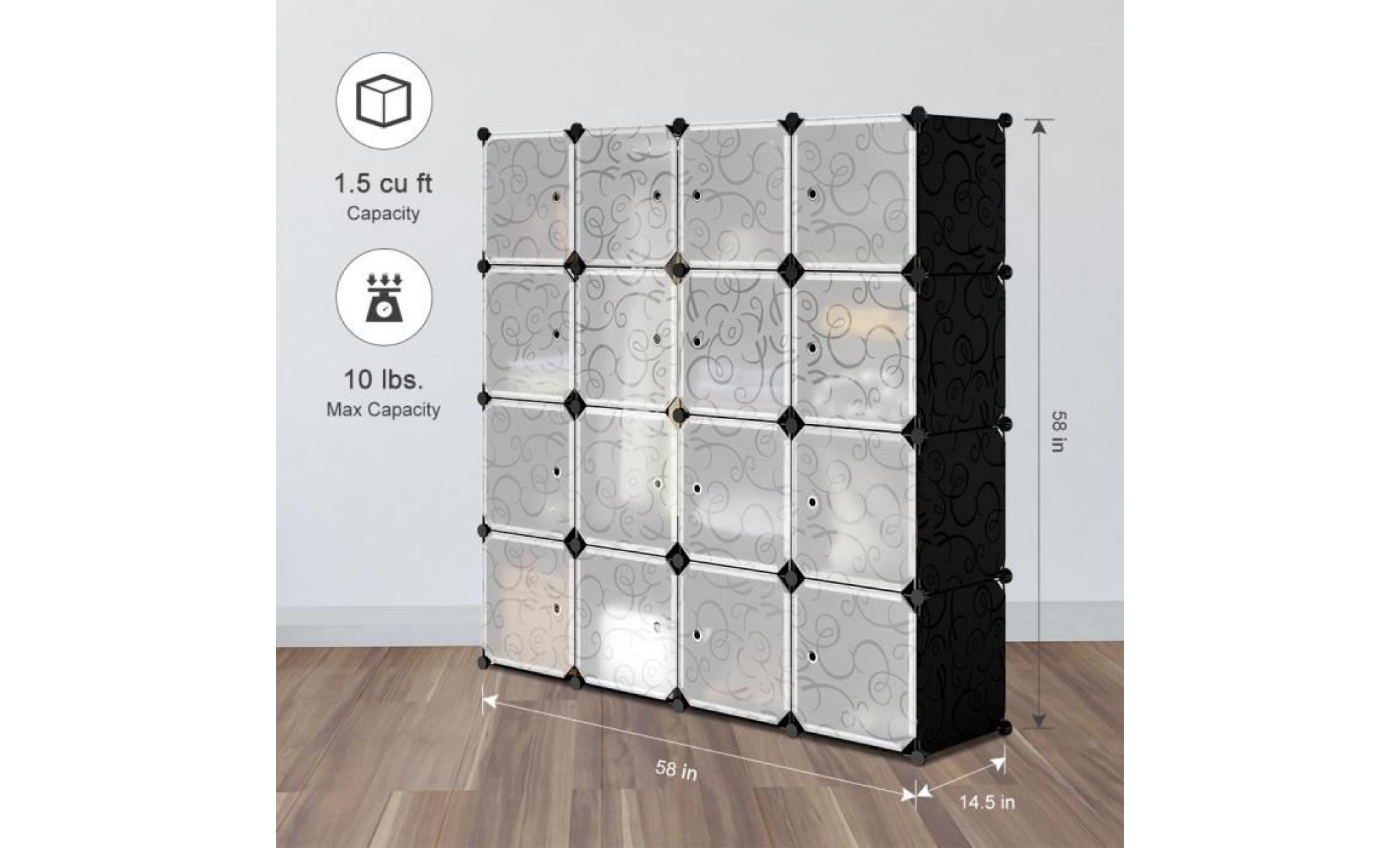 langria 16 cube bricolage armoire penderie portable système de rangement organisateur avec portes transparent, tige de suspension pas cher