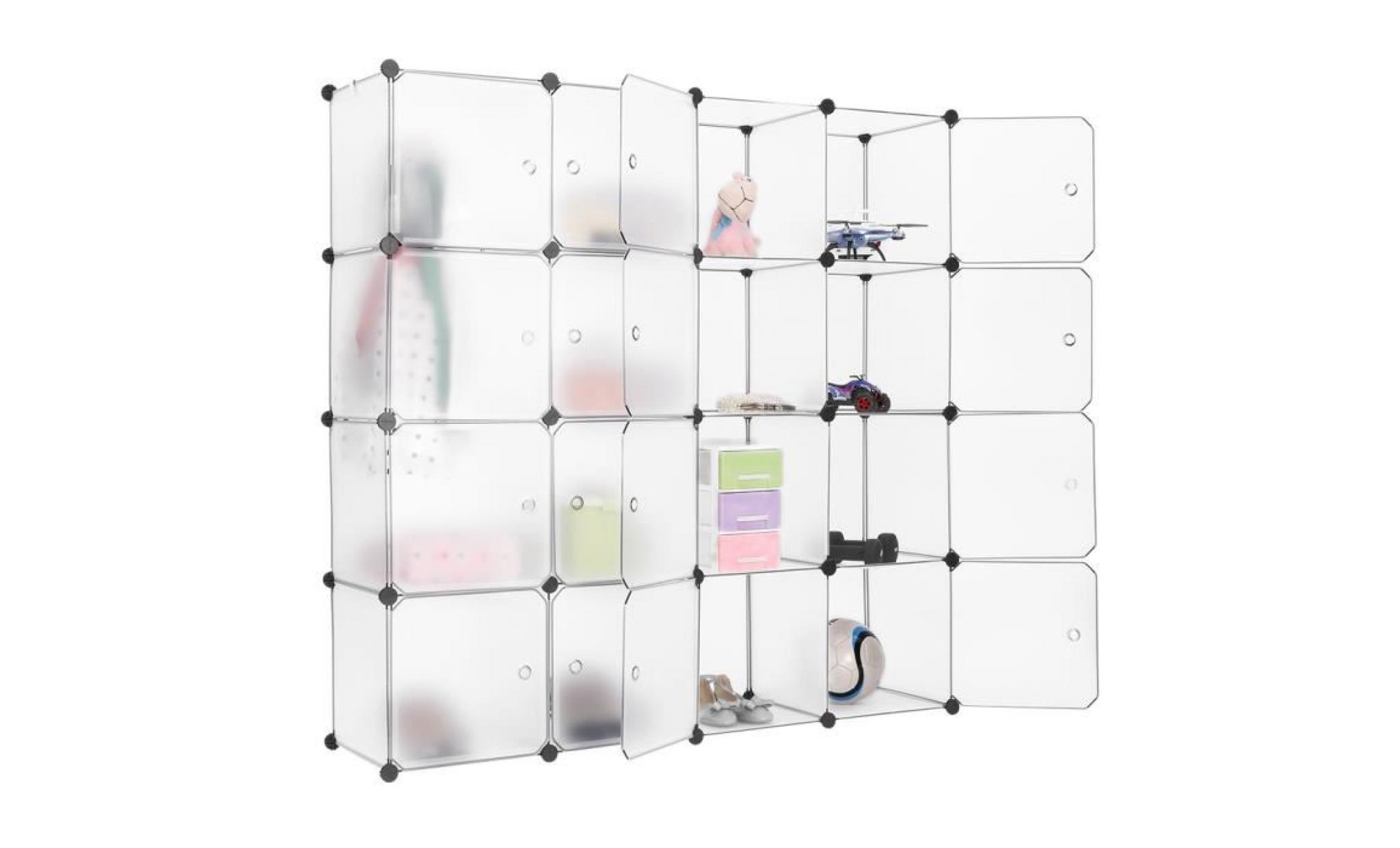 langria 16 cube penderie armoire diy stockage modulable plastique meuble Étagères de rangement avec portes translucide blanc