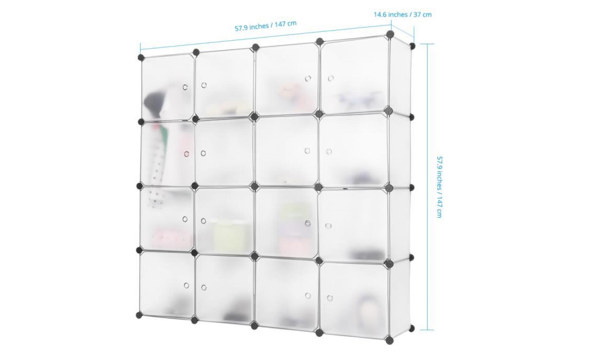 langria 16 cube penderie armoire diy stockage modulable plastique meuble Étagères de rangement avec portes translucide blanc pas cher