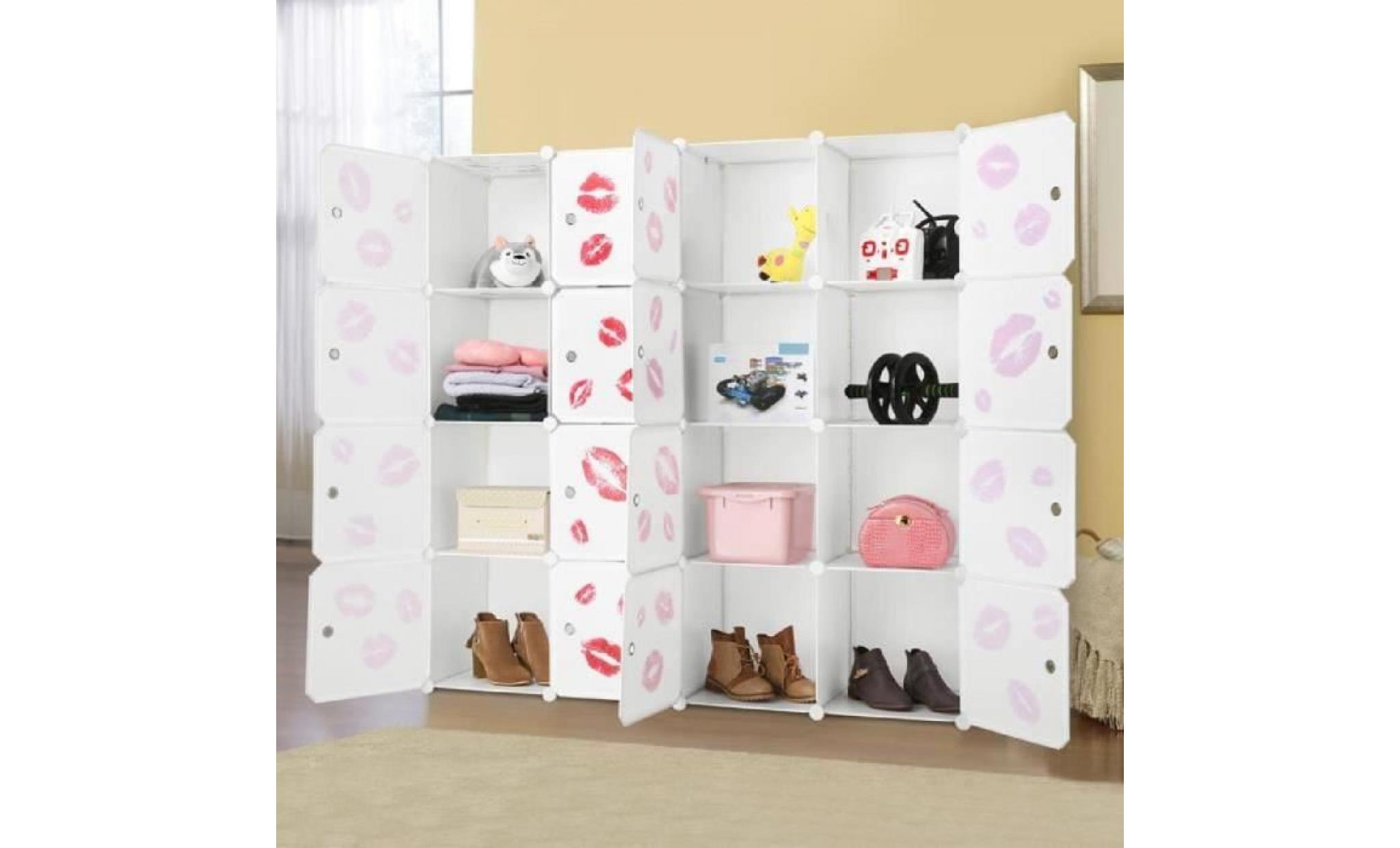 langria 16 cubes armoires Étagères plastique meuble rangement chambre pour vêtements chaussures jouets livres avec portes noir pas cher