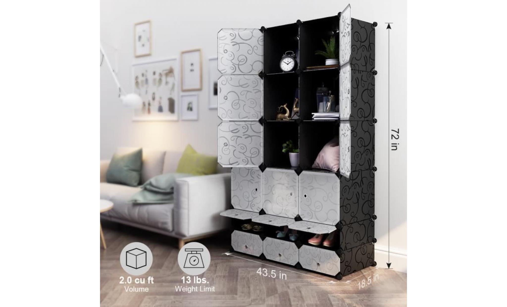 langria 18 cube armoire modulaire bouclé à motifs rangement d'organisateur avec des portes blanches translucides noir blanc