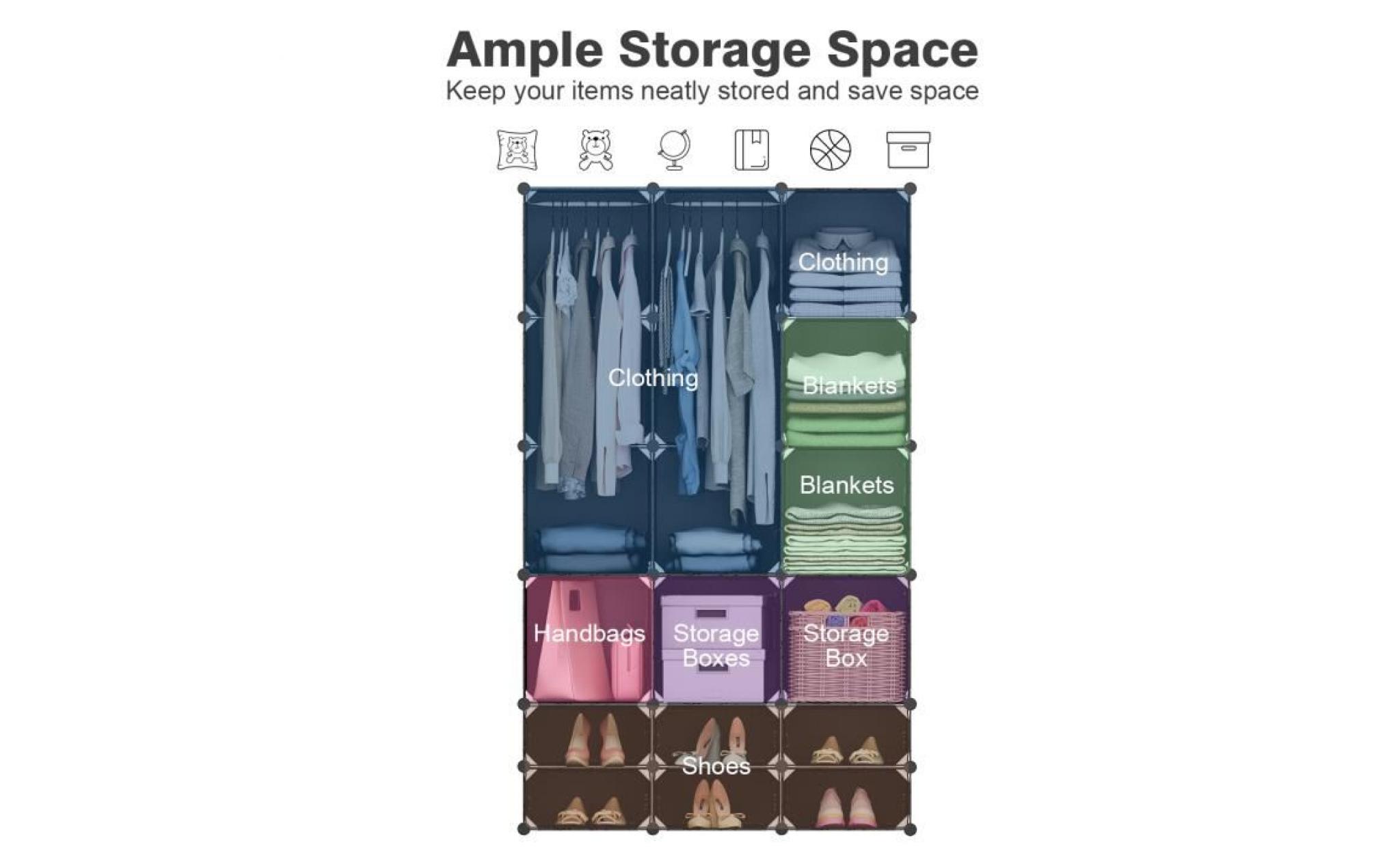 langria 18 cube armoires à Étagères plastique meuble rangement placard de chambre avec portes translucides pour vêtements chaussures pas cher