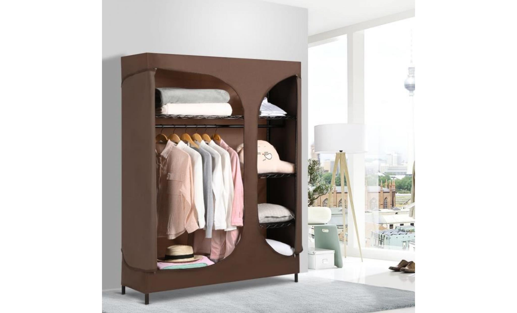 finether armoire de rangement penderie souple à deux porte portable pour vêtements brune