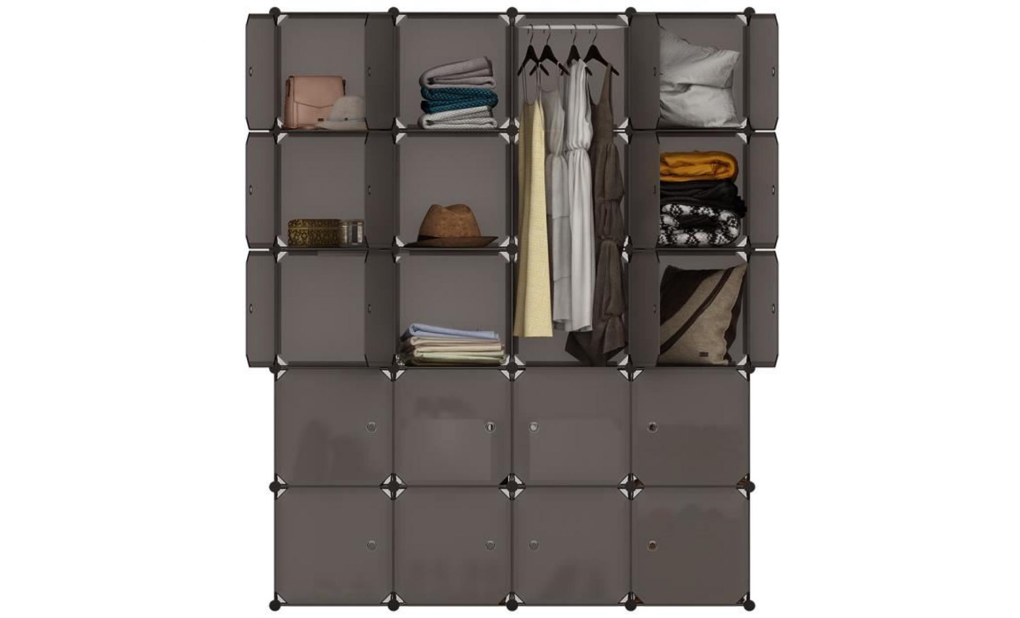 langria 20 cabines armoires Étagères plastique meuble de rangement modulable pr vêtements chaussures sacs avec portes noir pas cher