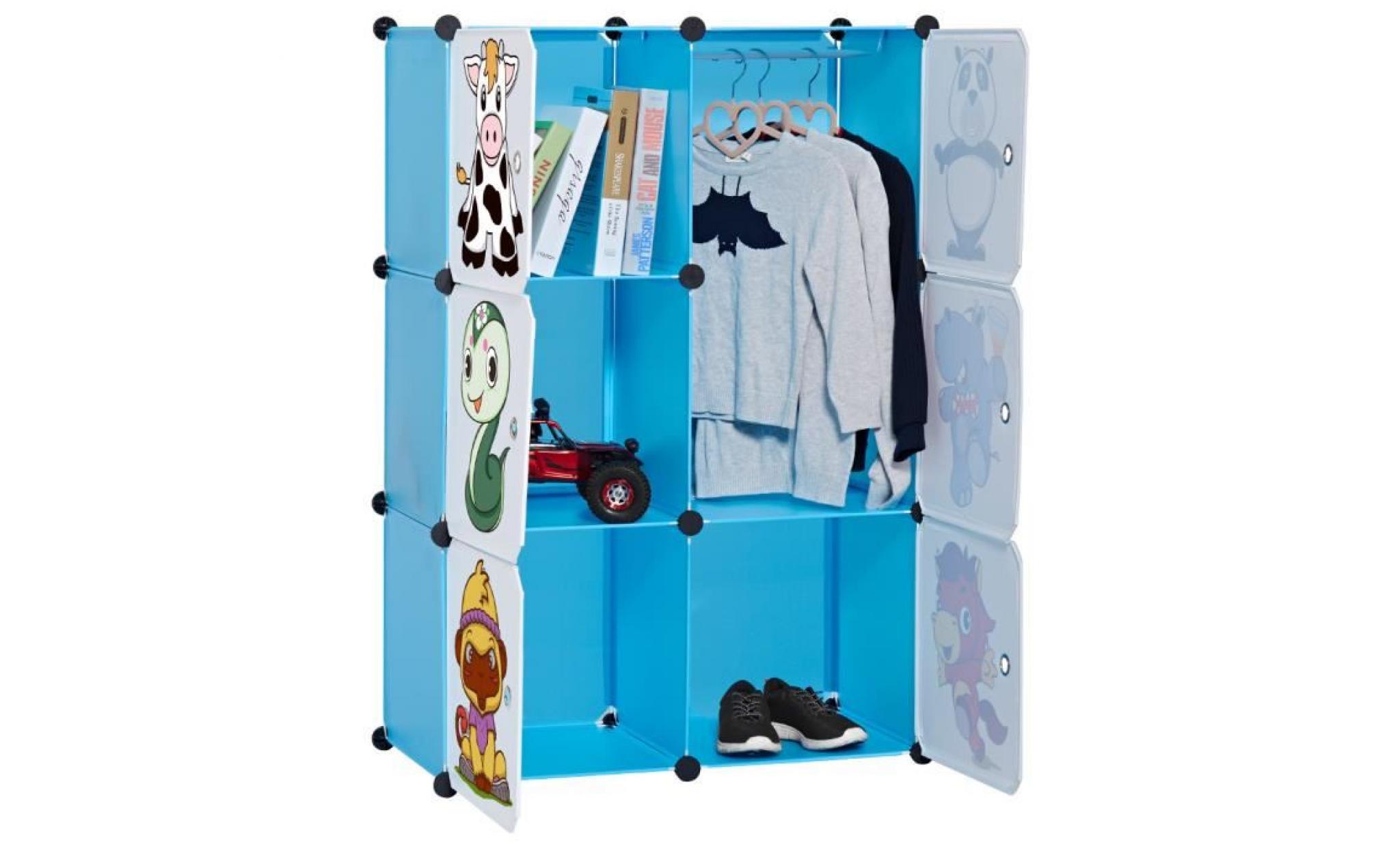langria 6 cubes armoire d’enfant bleu etagère plastique meuble de rangement pour vêtements chaussures jouets cartoon
