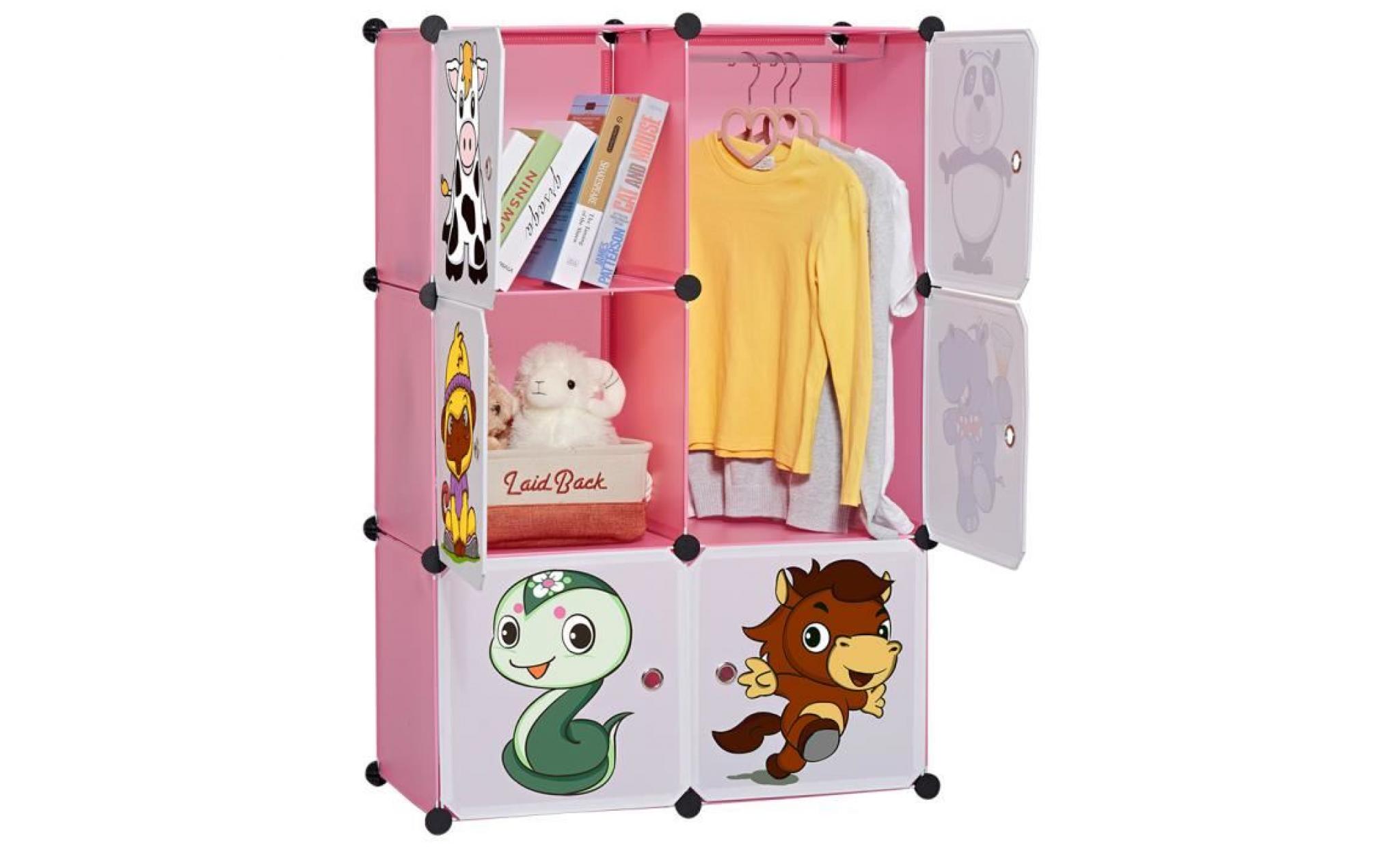 langria 6 cubes armoire d’enfant rose etagère plastique meuble de rangement pour vêtements chaussures jouets cartoon
