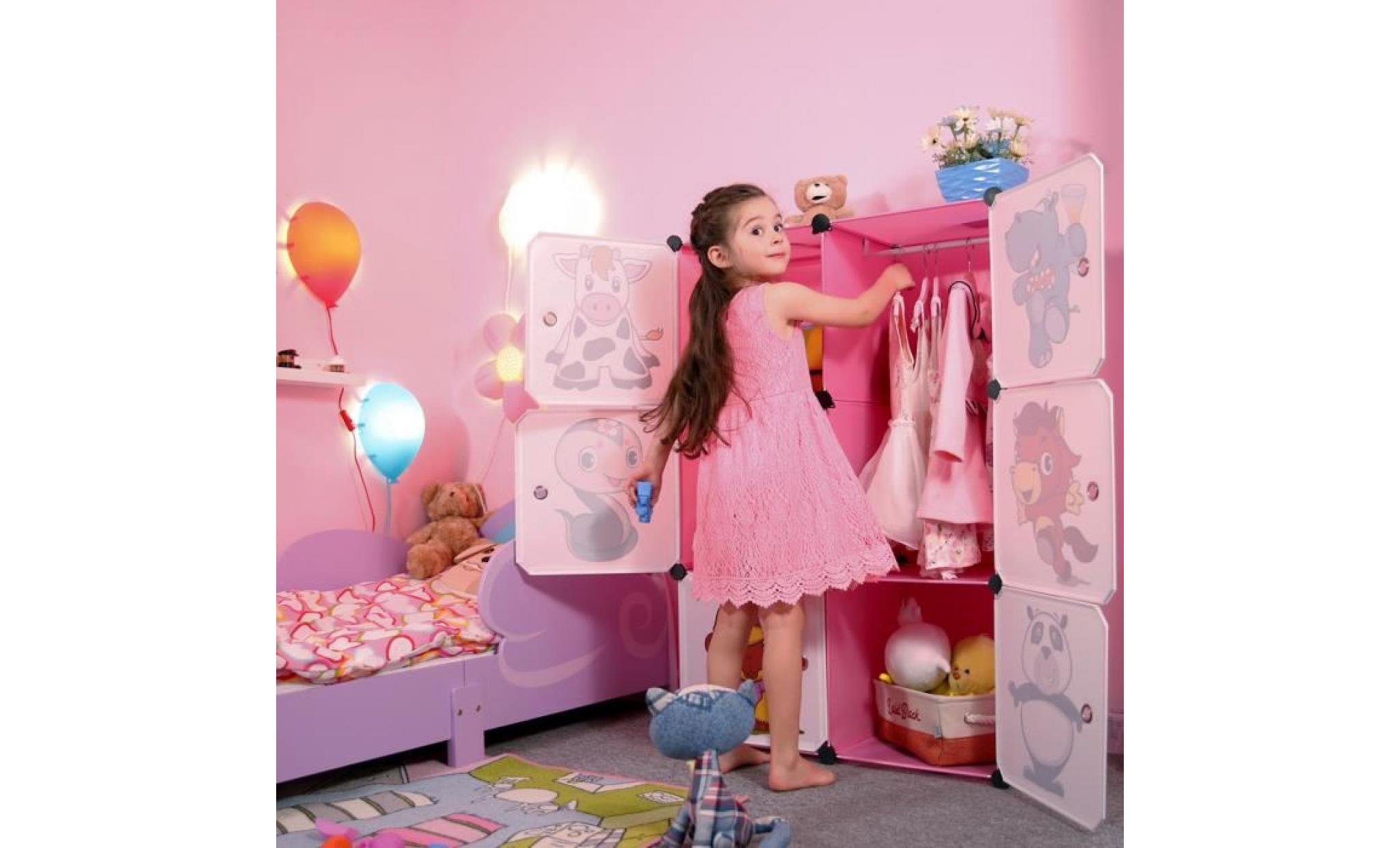 langria 6 cubes armoire d’enfant rose etagère plastique meuble de rangement pour vêtements chaussures jouets cartoon pas cher