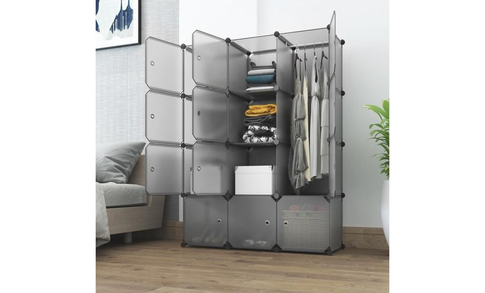 langria armoire de chambre penderie modulable 12 cubes Étagères en cube multifonctionnel avec tige suspendue pour vêtements sacs