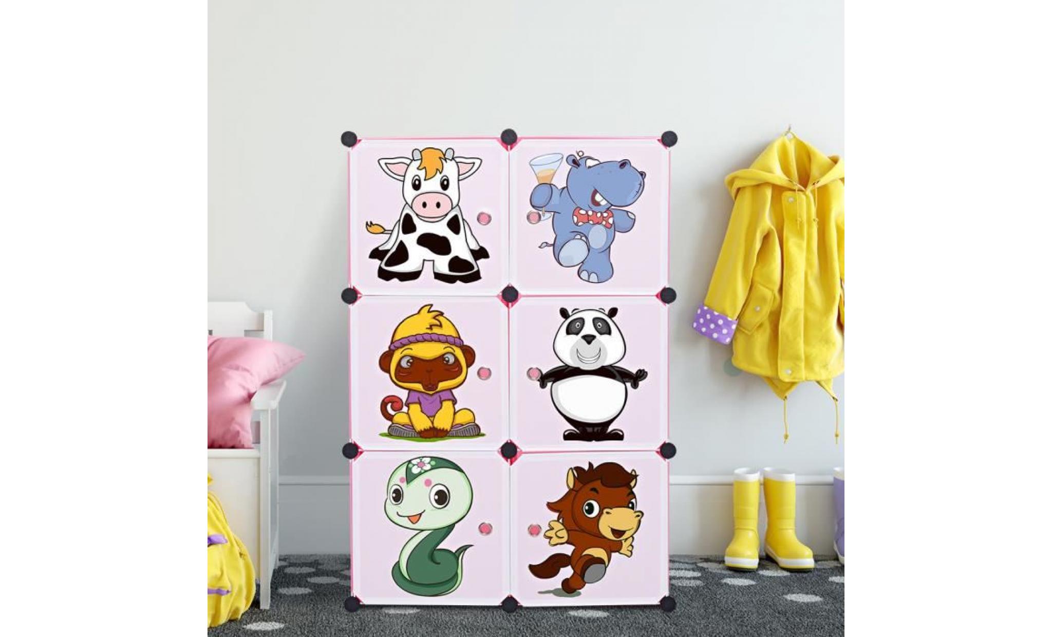 langria armoire etagère plastique enfants 6 cubes cabinet avec dessins animés animaux sur les portes pour vêtements chaussures bleu
