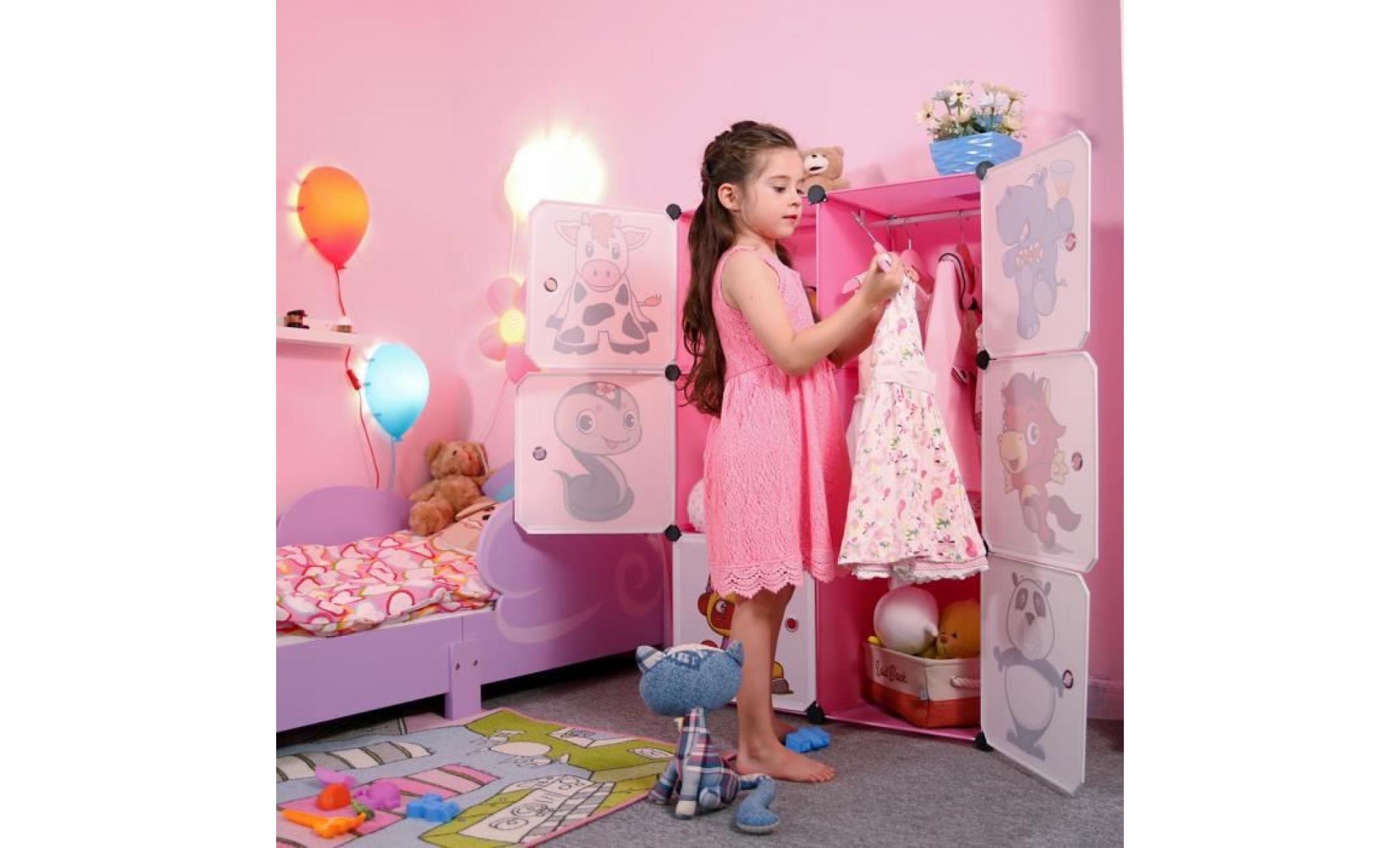 langria armoire etagère plastique enfants 6 cubes cabinet avec dessins animés animaux sur les portes pour vêtements chaussures rose pas cher