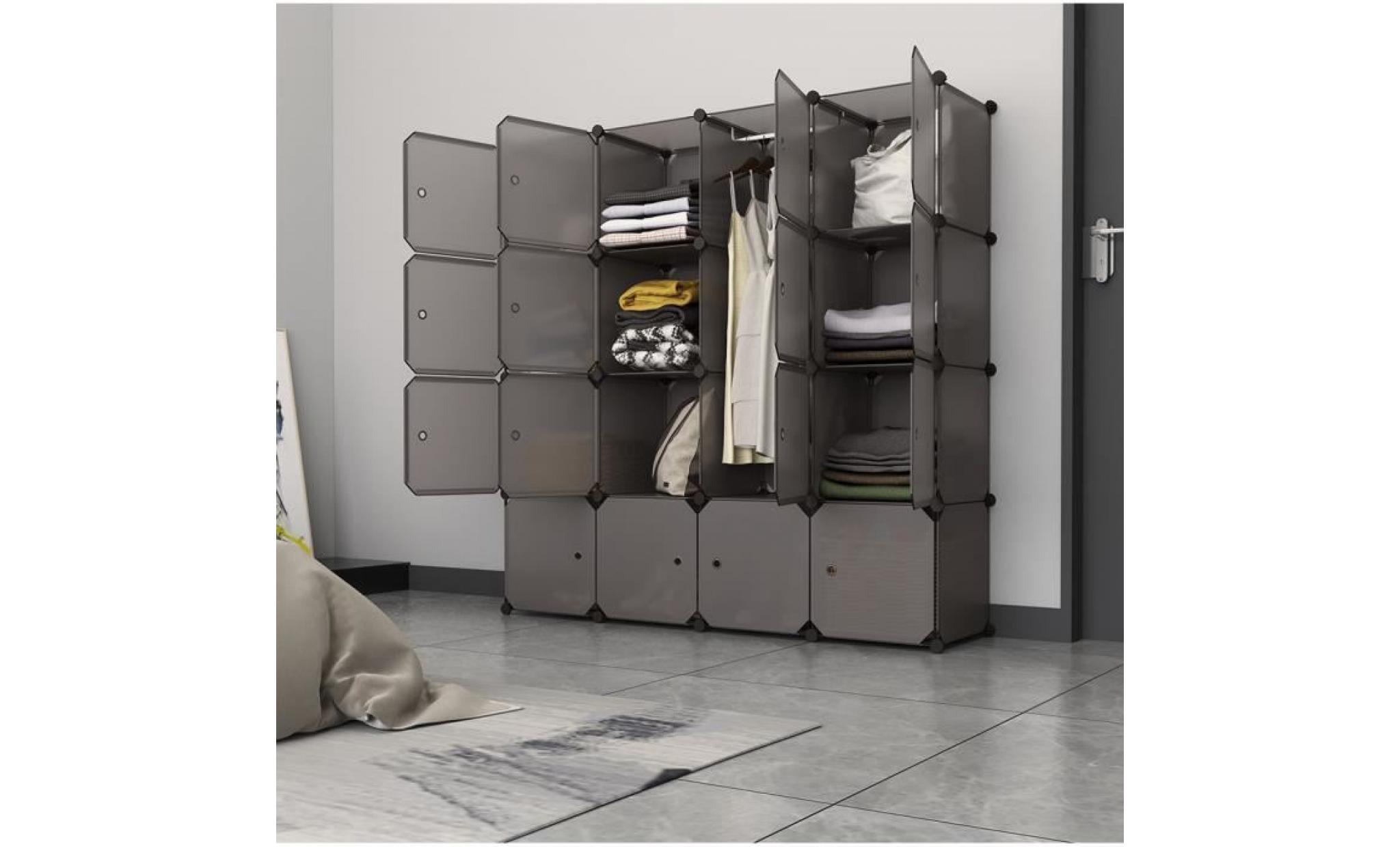 langria armoire penderie 16 cubes avec portes Étagère modulable meuble rangement chambre pour vêtements chaussures jouets marron