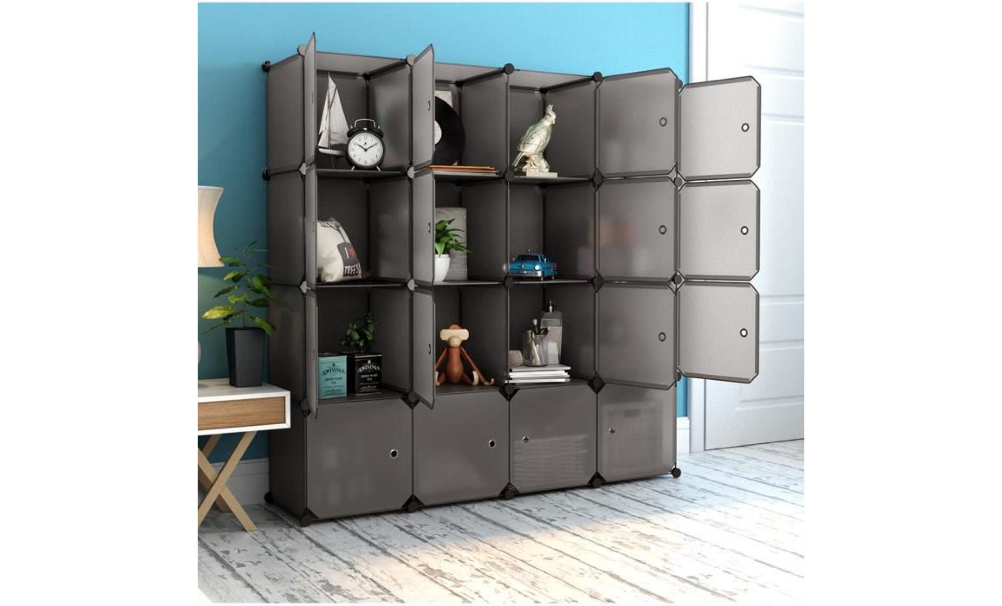 langria armoire penderie 16 cubes avec portes Étagère modulable meuble rangement chambre pour vêtements chaussures jouets marron pas cher