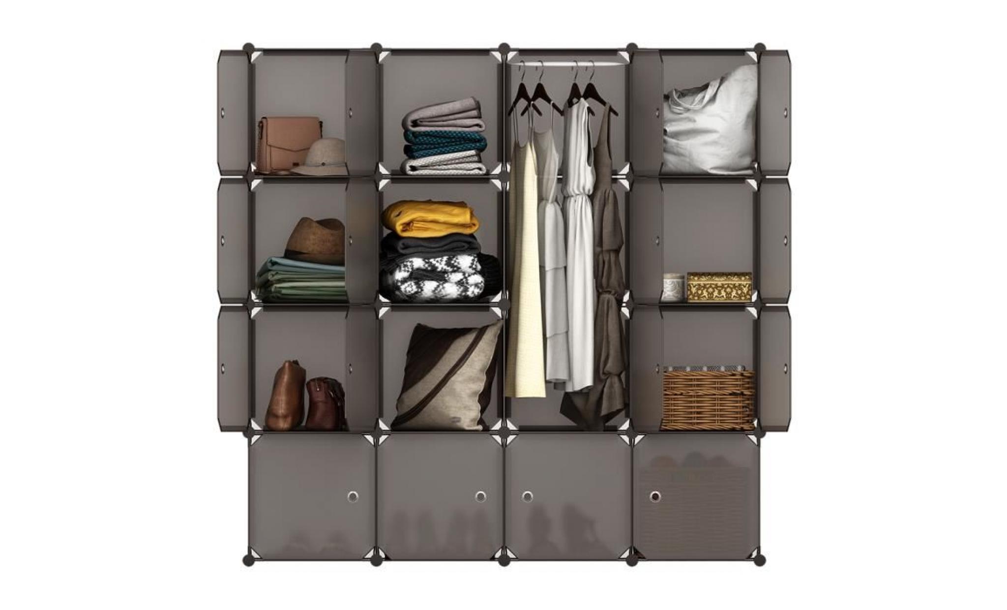 langria armoire penderie 16 cubes avec portes Étagère modulable meuble rangement chambre pour vêtements chaussures jouets marron pas cher