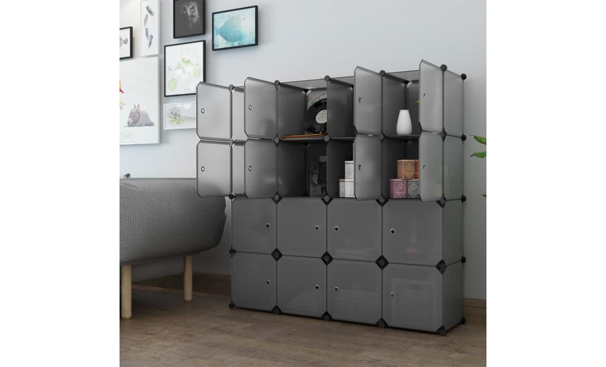 langria armoire penderie 16 cubes modulable Étagères plastique meuble de rangement multifonctionnel avec tige suspendue gris