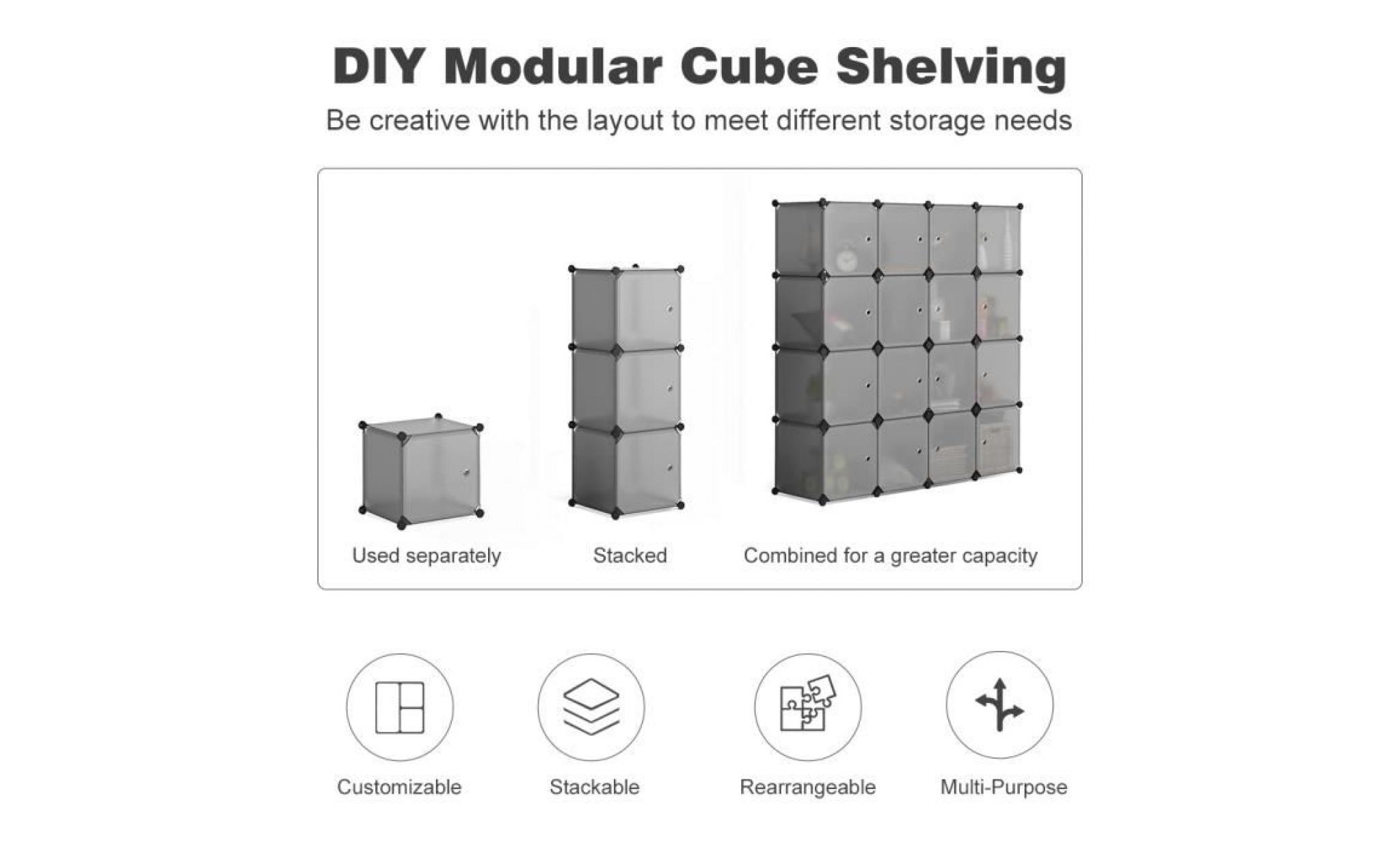 armoire de rangement 16 cubes en plastique avec tige suspendue etagère modulaire diy langria chacun cube 35 x 35 cm pas cher