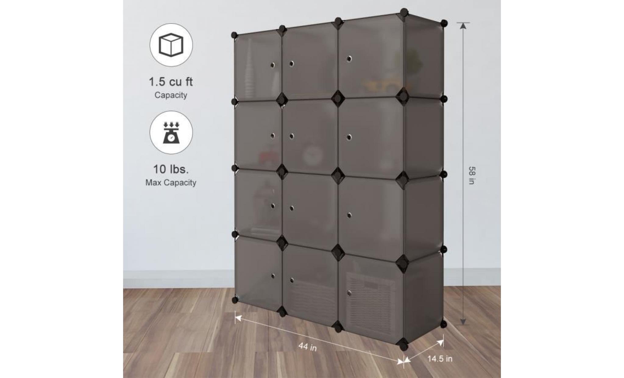 langria armoire penderie placard 12 cubes Étagères plastique meuble de rangement de vêtements&chaussures avec portes marron pas cher