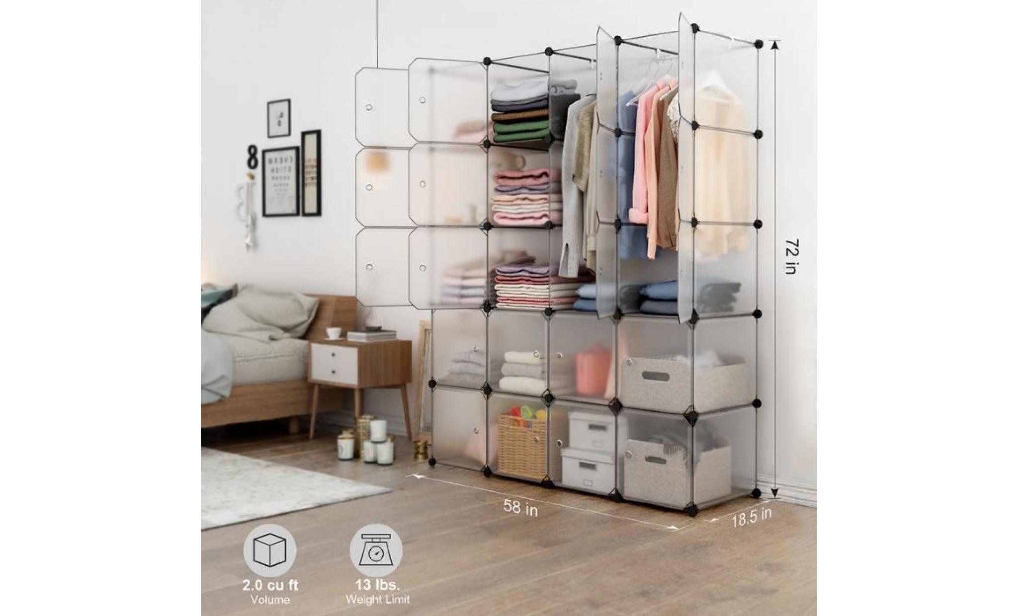 langria armoire penderie placard 20 cubes modulaire Étagères plastique meuble de rangement de vêtements&chaussures avec portes blanc pas cher